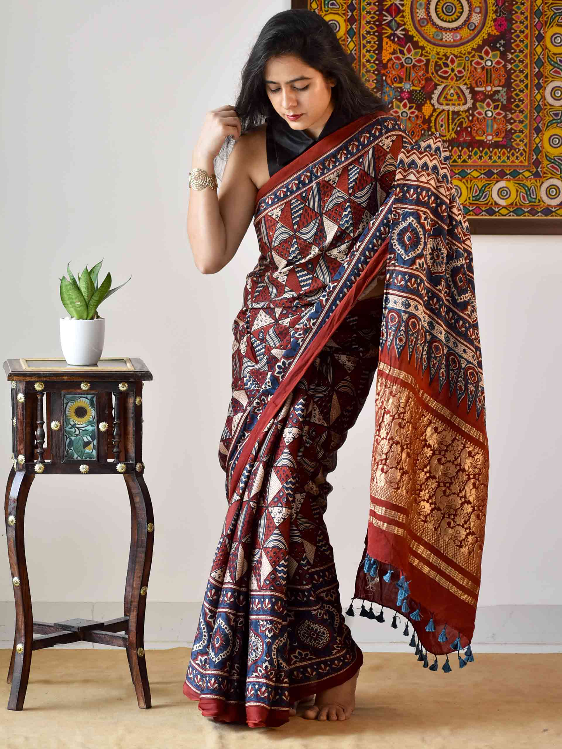 Ajrakh hand block printed Modal Silk Saree with zari pallu