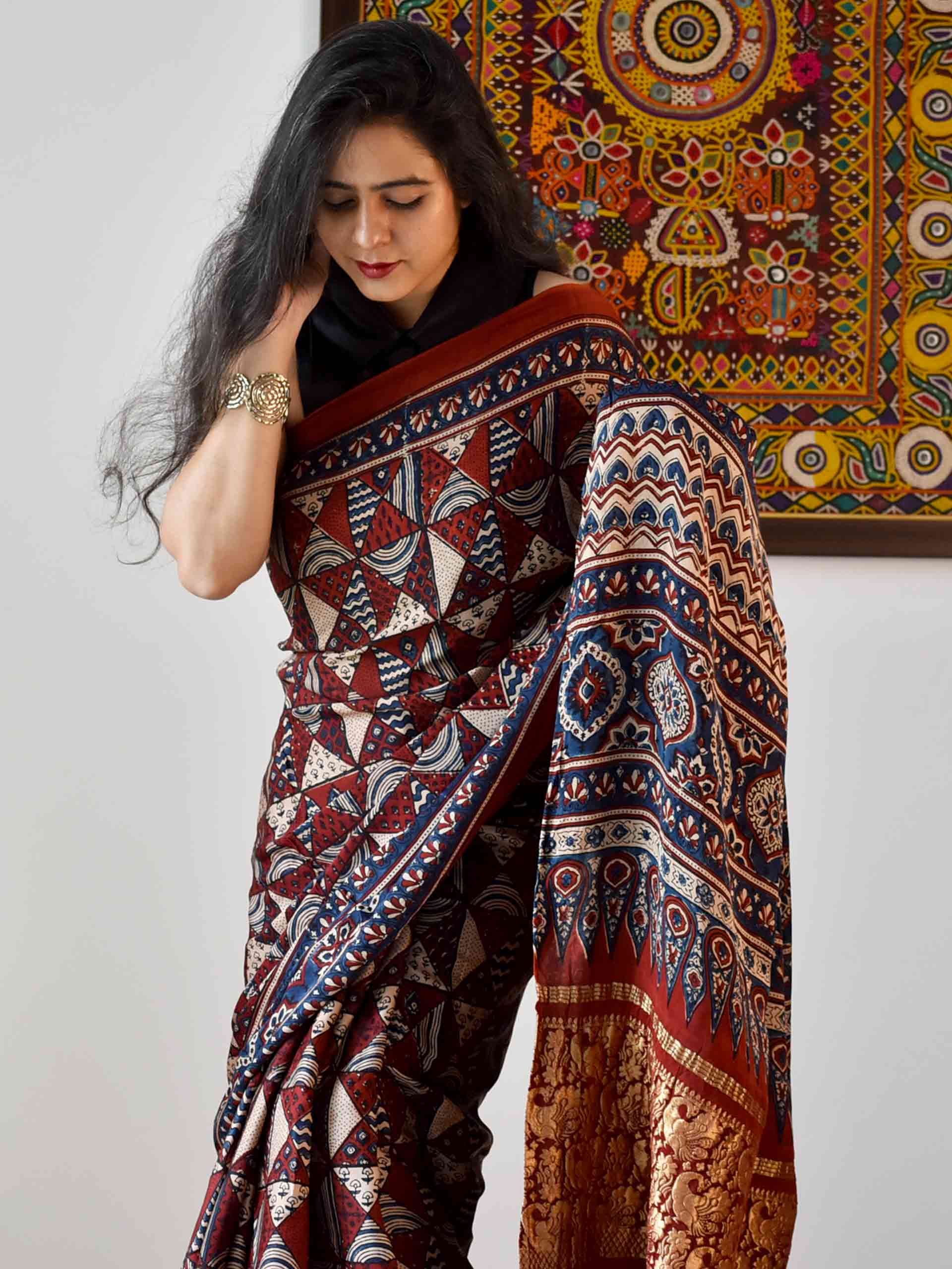 Ajrakh hand block printed Modal Silk Saree with zari pallu