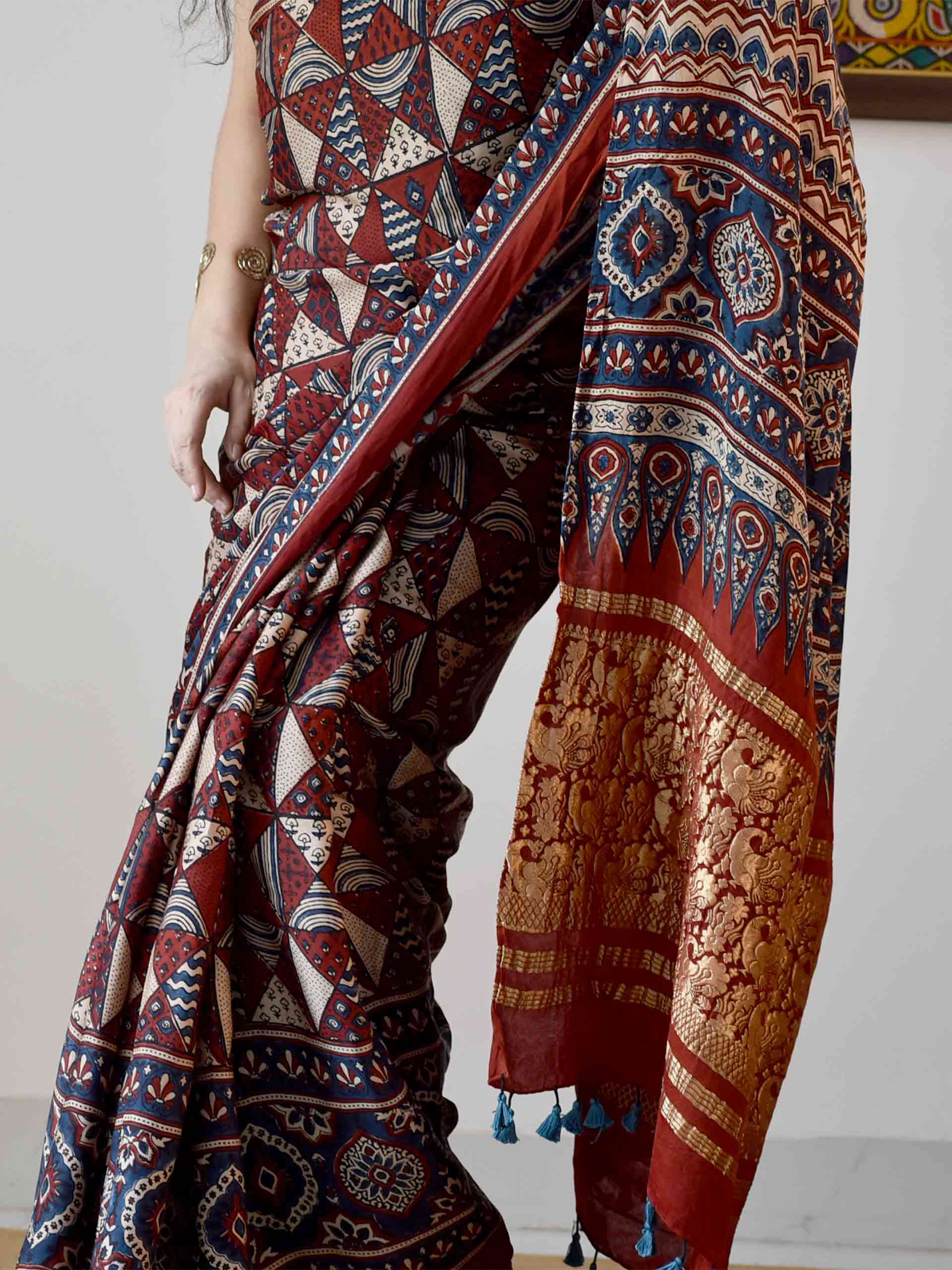 Ajrakh hand block printed Modal Silk Saree with zari pallu