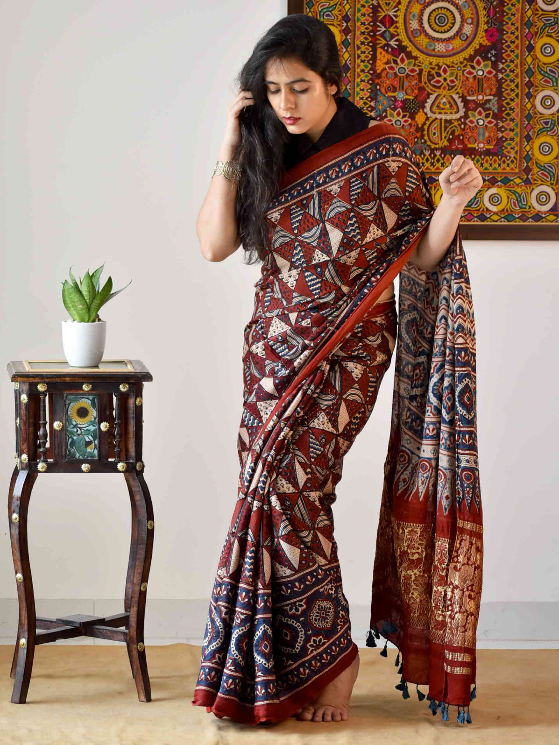 Ajrakh hand block printed Modal Silk Saree with zari pallu