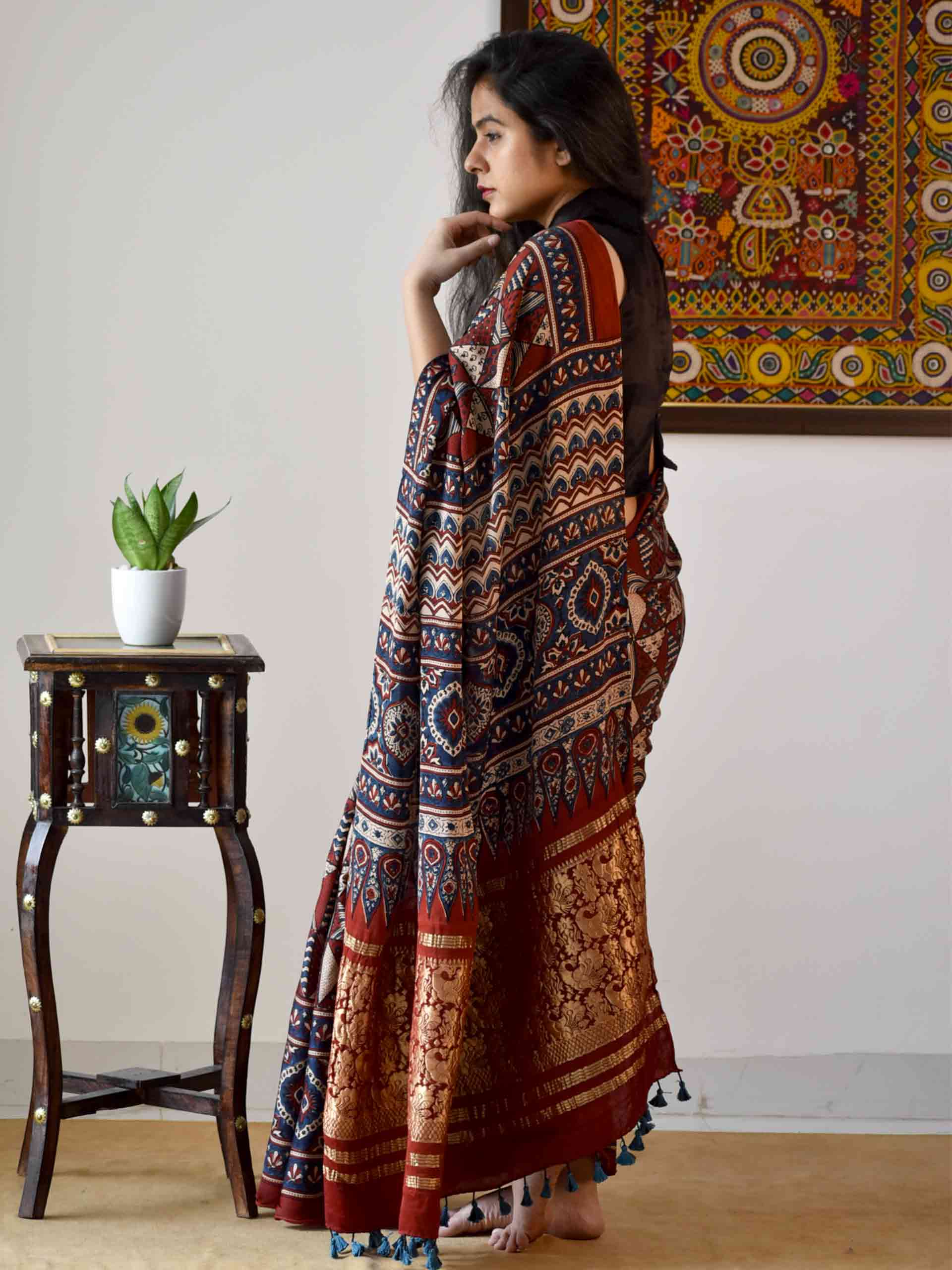 Ajrakh hand block printed Modal Silk Saree with zari pallu
