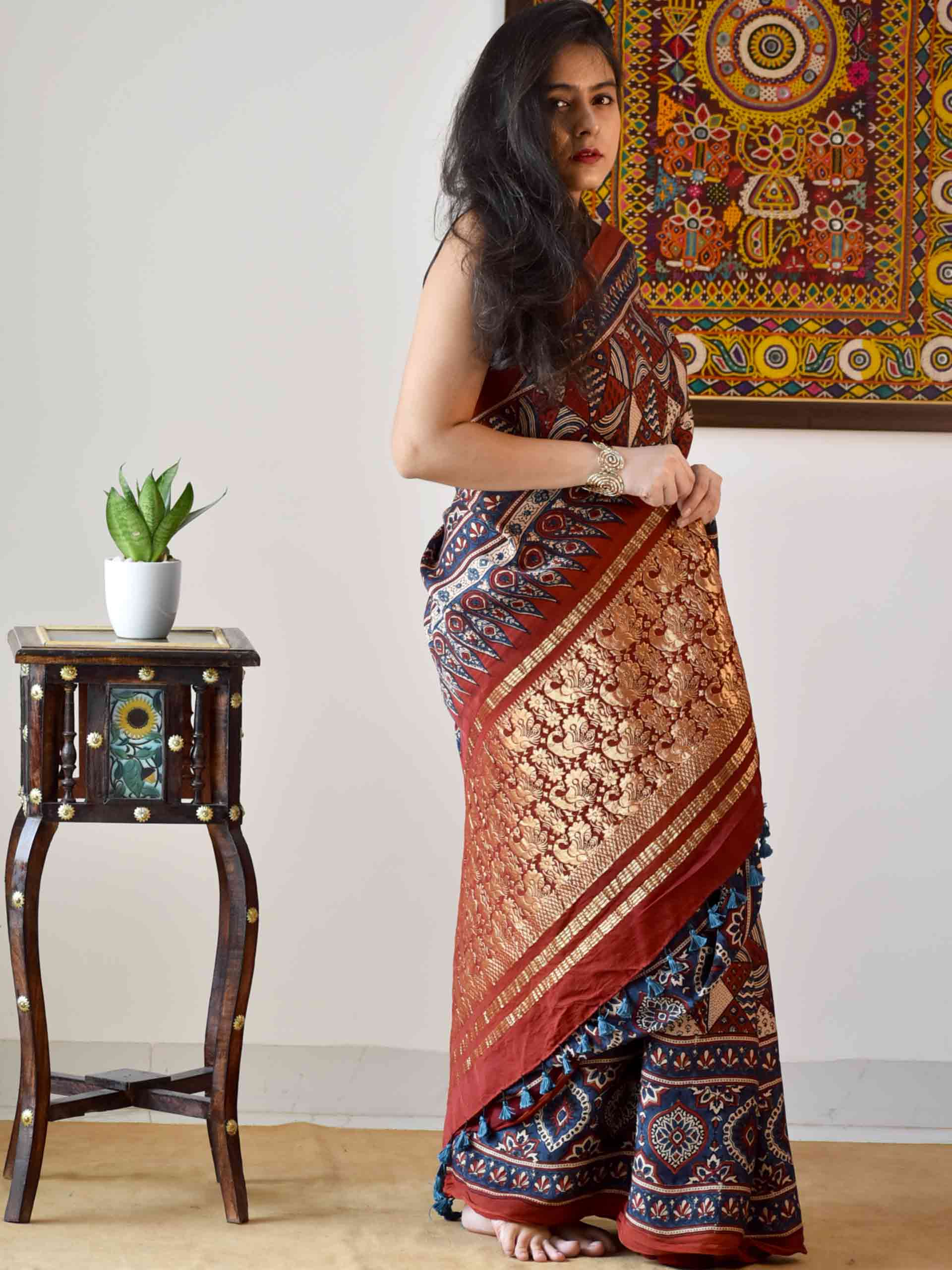 Ajrakh hand block printed Modal Silk Saree with zari pallu