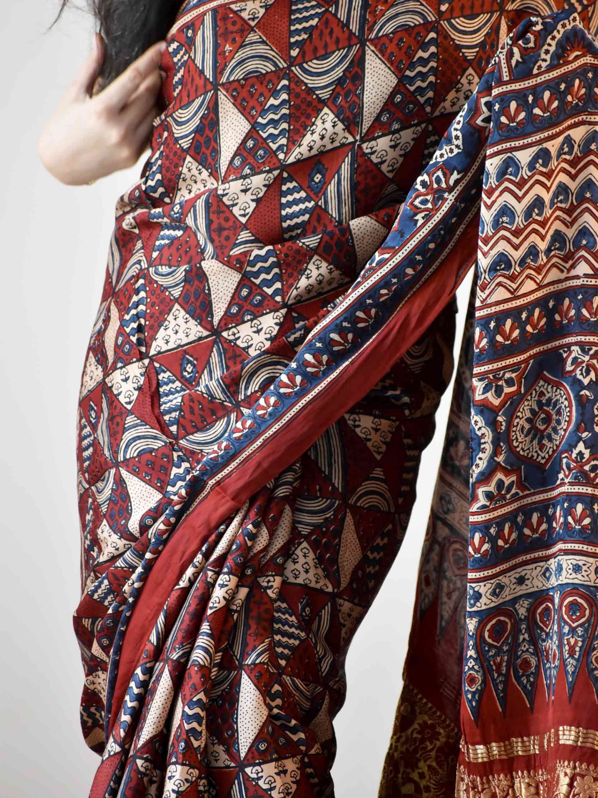 Ajrakh hand block printed Modal Silk Saree with zari pallu