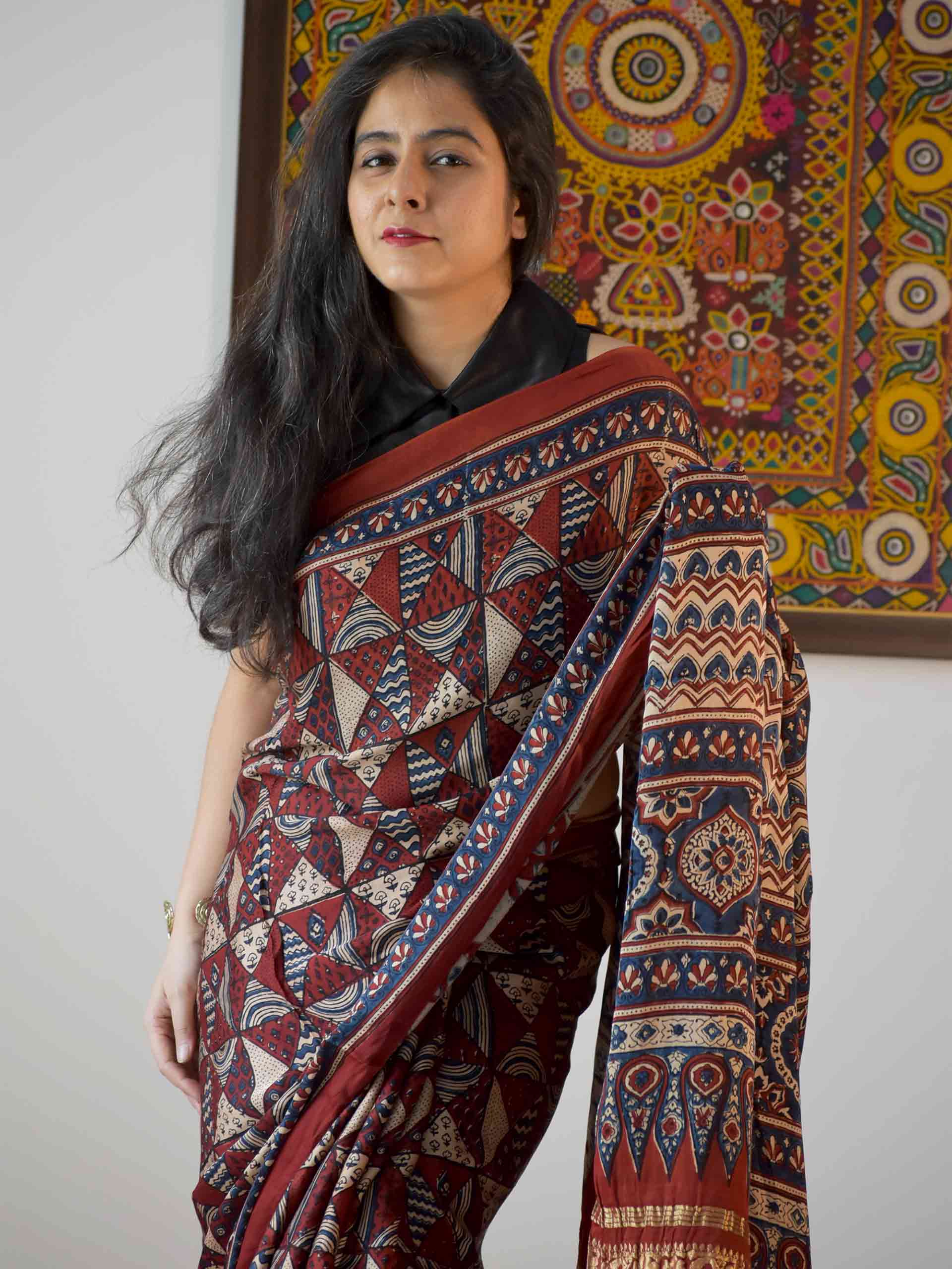 Ajrakh hand block printed Modal Silk Saree with zari pallu