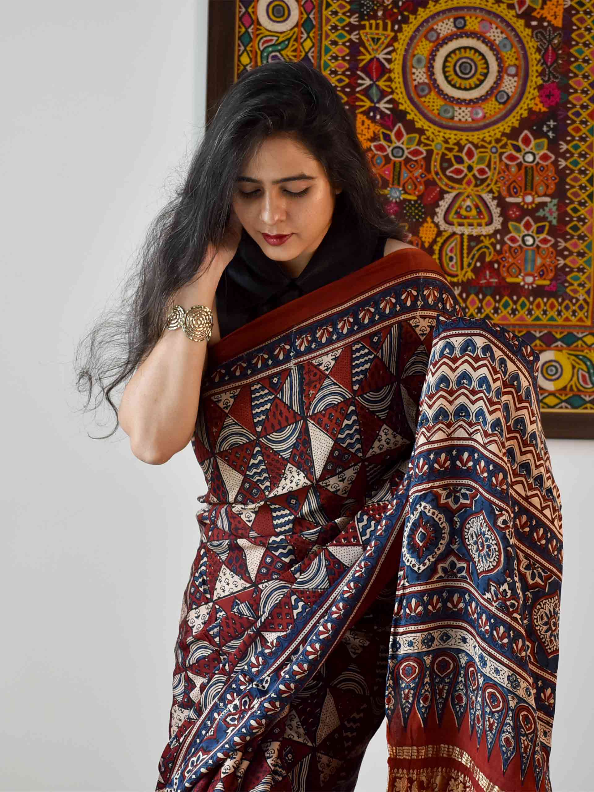 Ajrakh hand block printed Modal Silk Saree with zari pallu