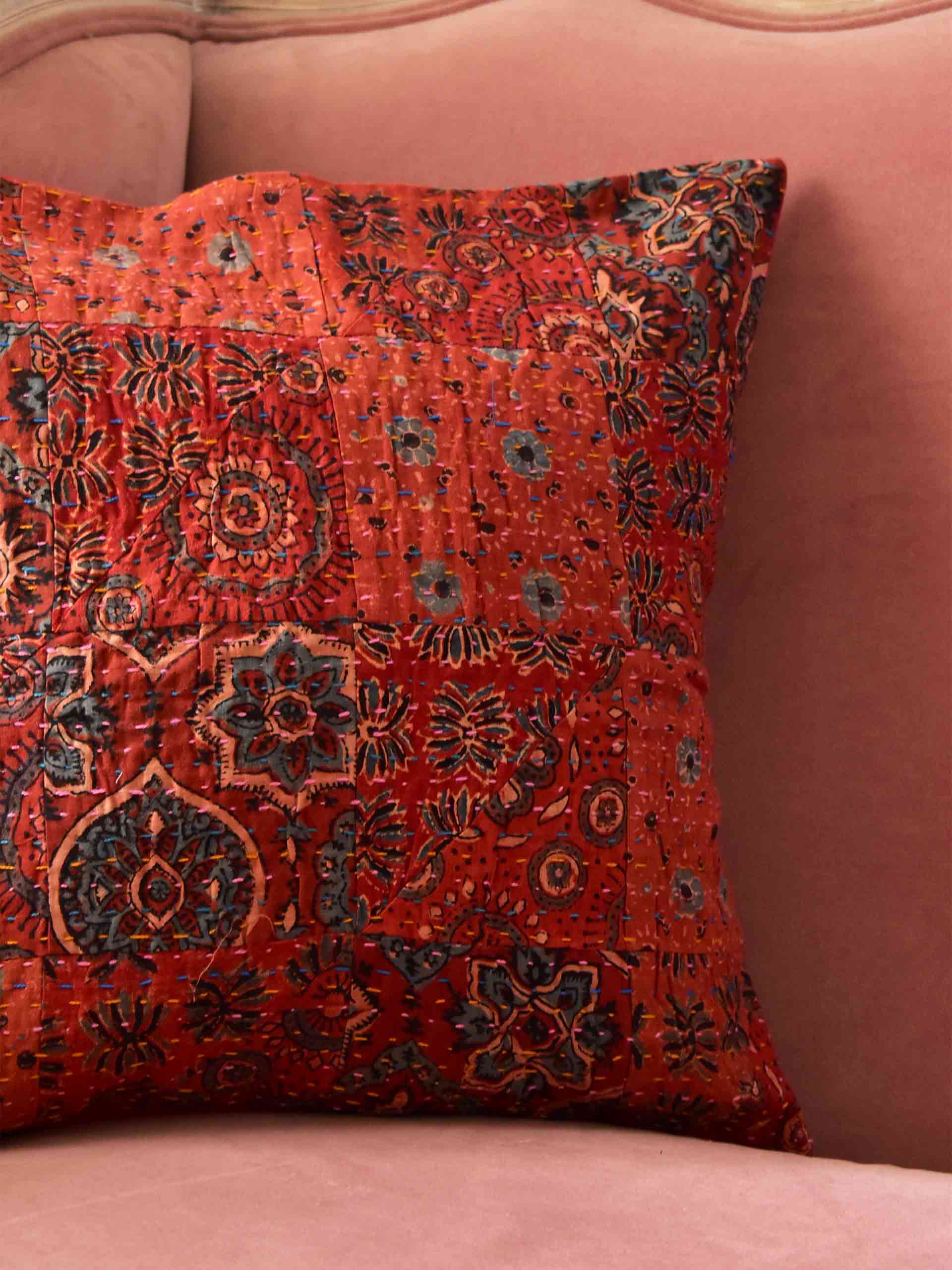 Missi - Ajrakh Patchwork kantha embroidered cushion cover 16X16