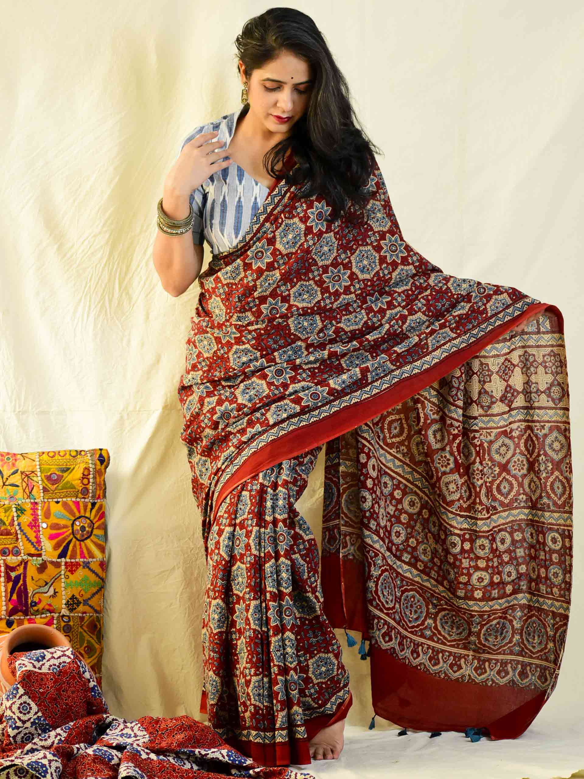 Ajrakh hand block printed mul cotton saree
