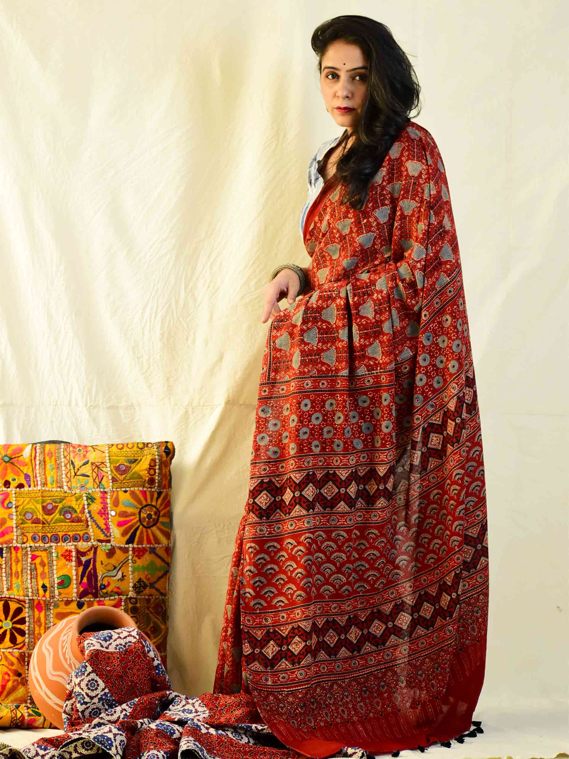 Ajrakh hand block printed mul cotton saree