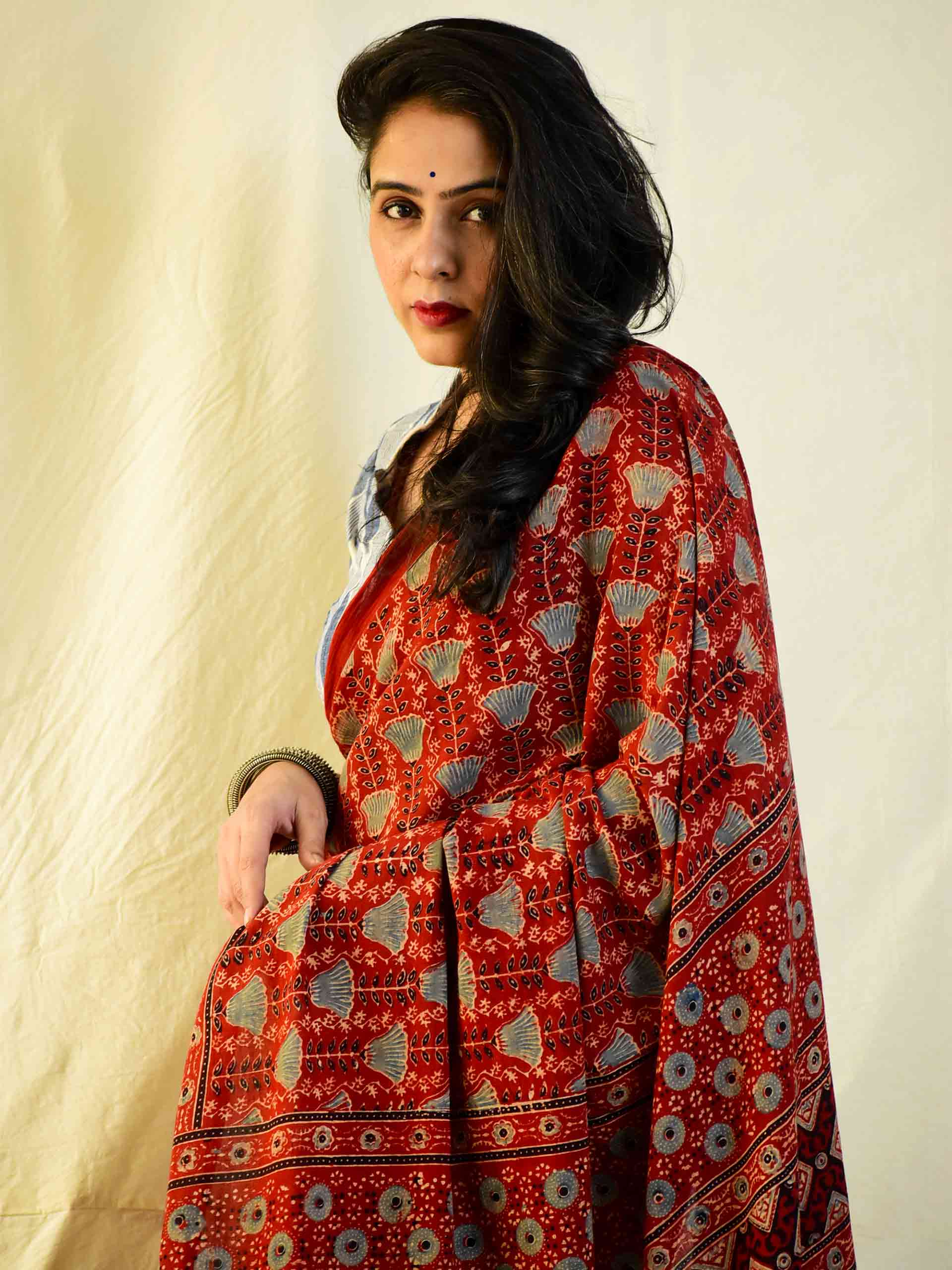 Ajrakh hand block printed mul cotton saree