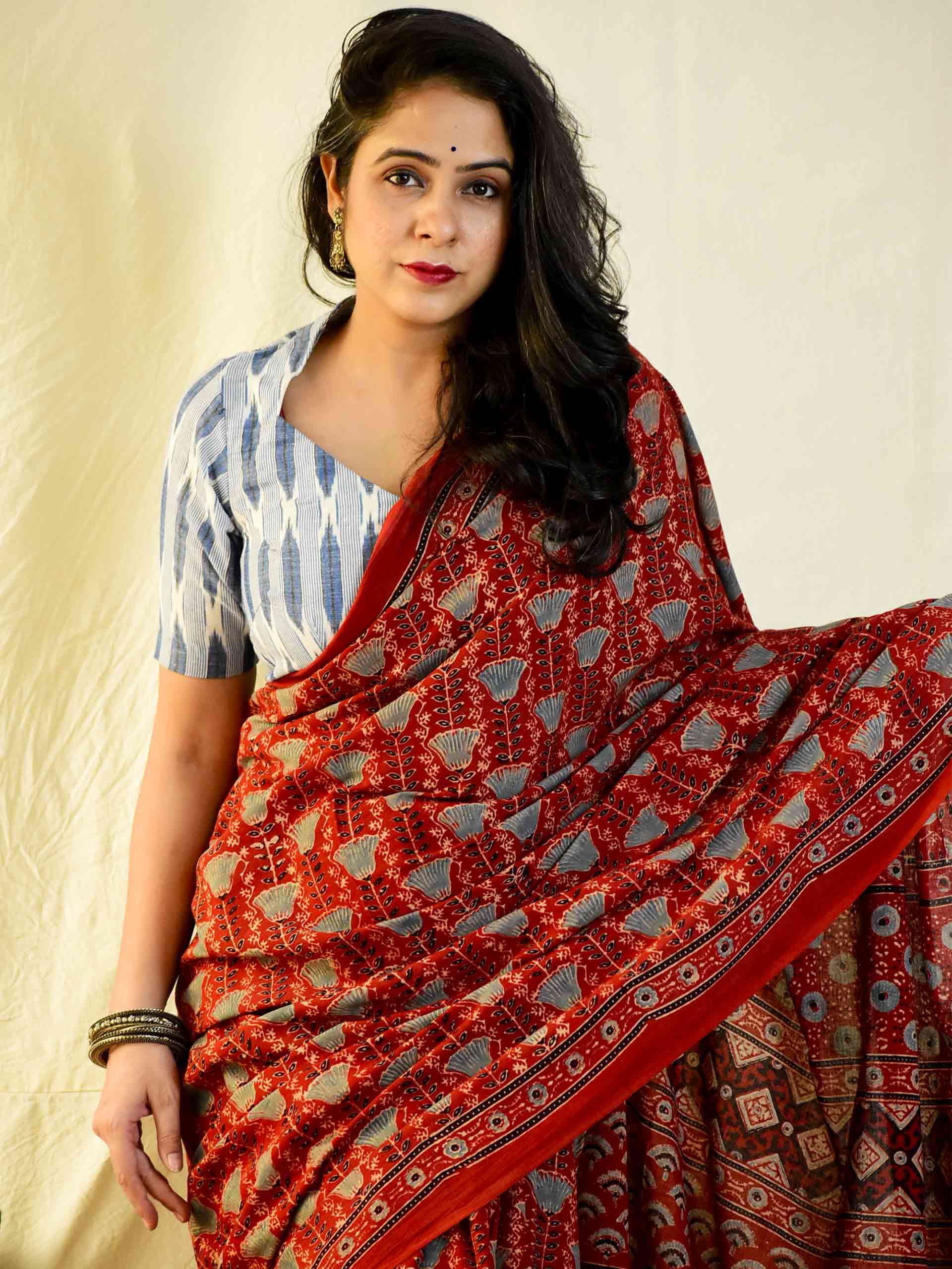 Ajrakh hand block printed mul cotton saree