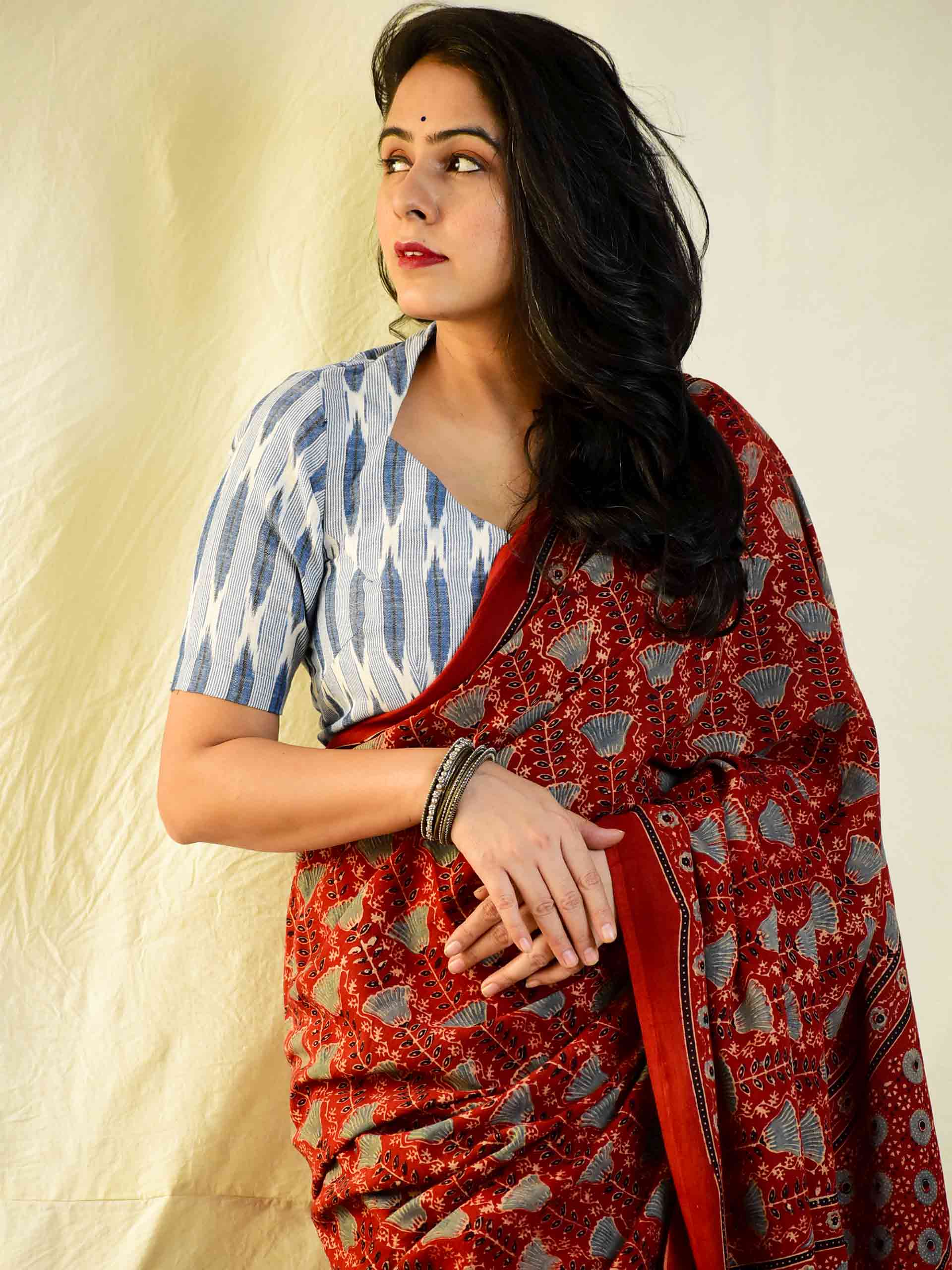 Ajrakh hand block printed mul cotton saree