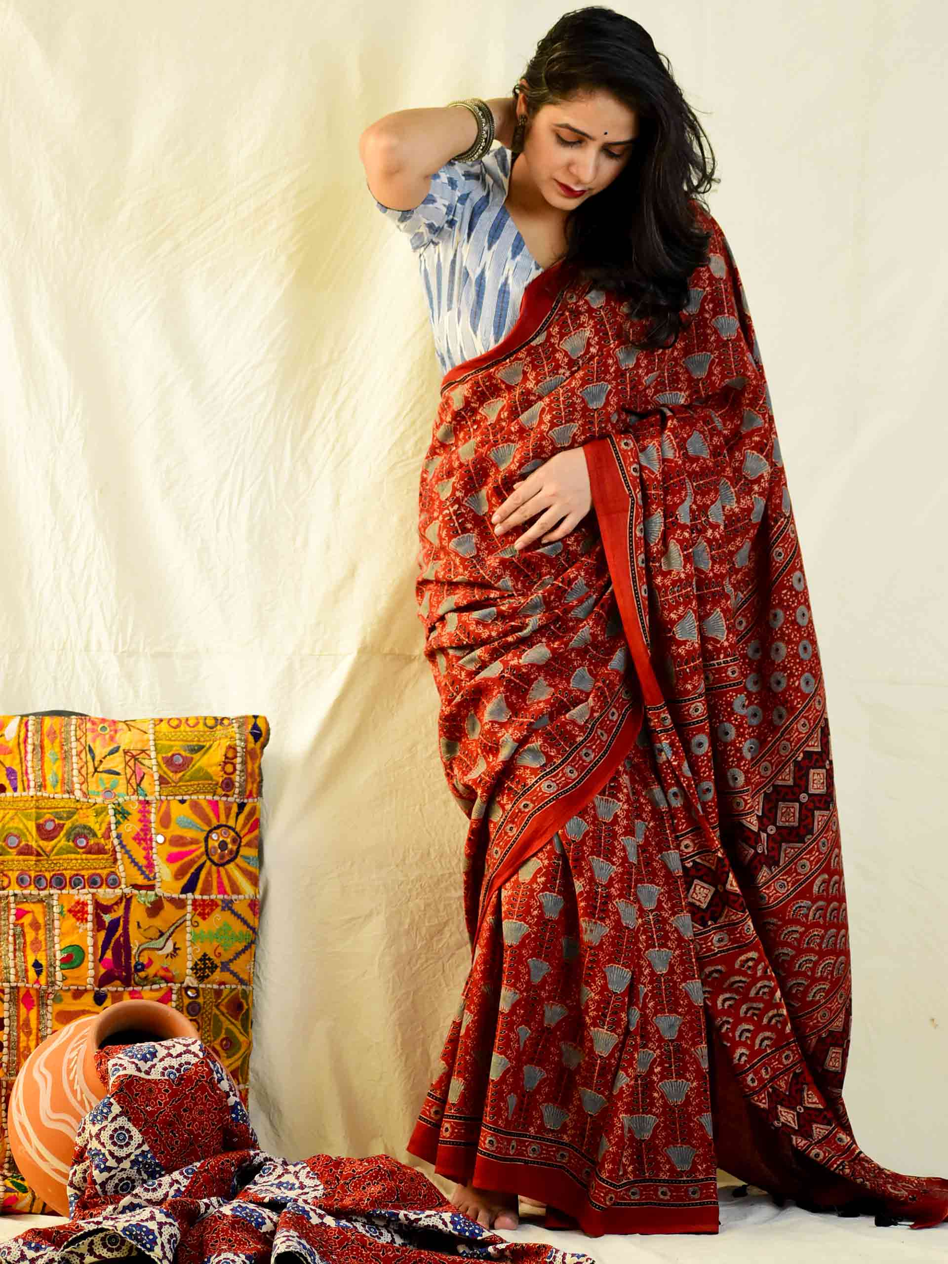 Ishq - Ajrakh hand block printed mul cotton saree
