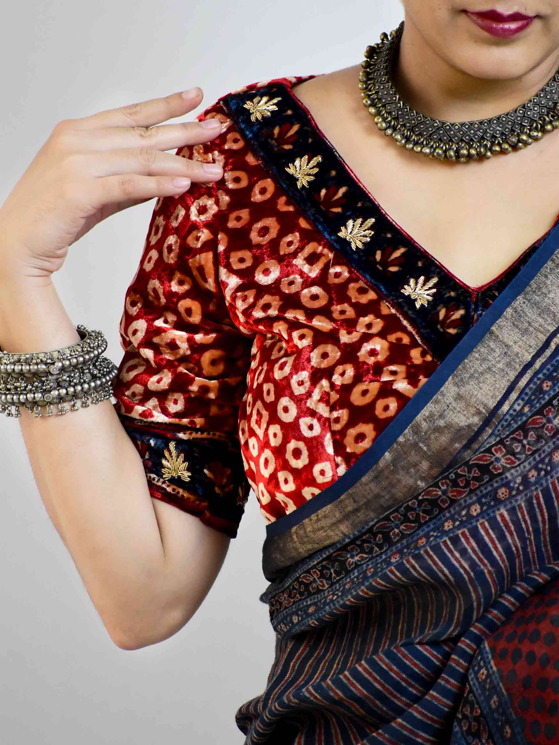 Ajrakh silk Velvet Zardozi Blouse