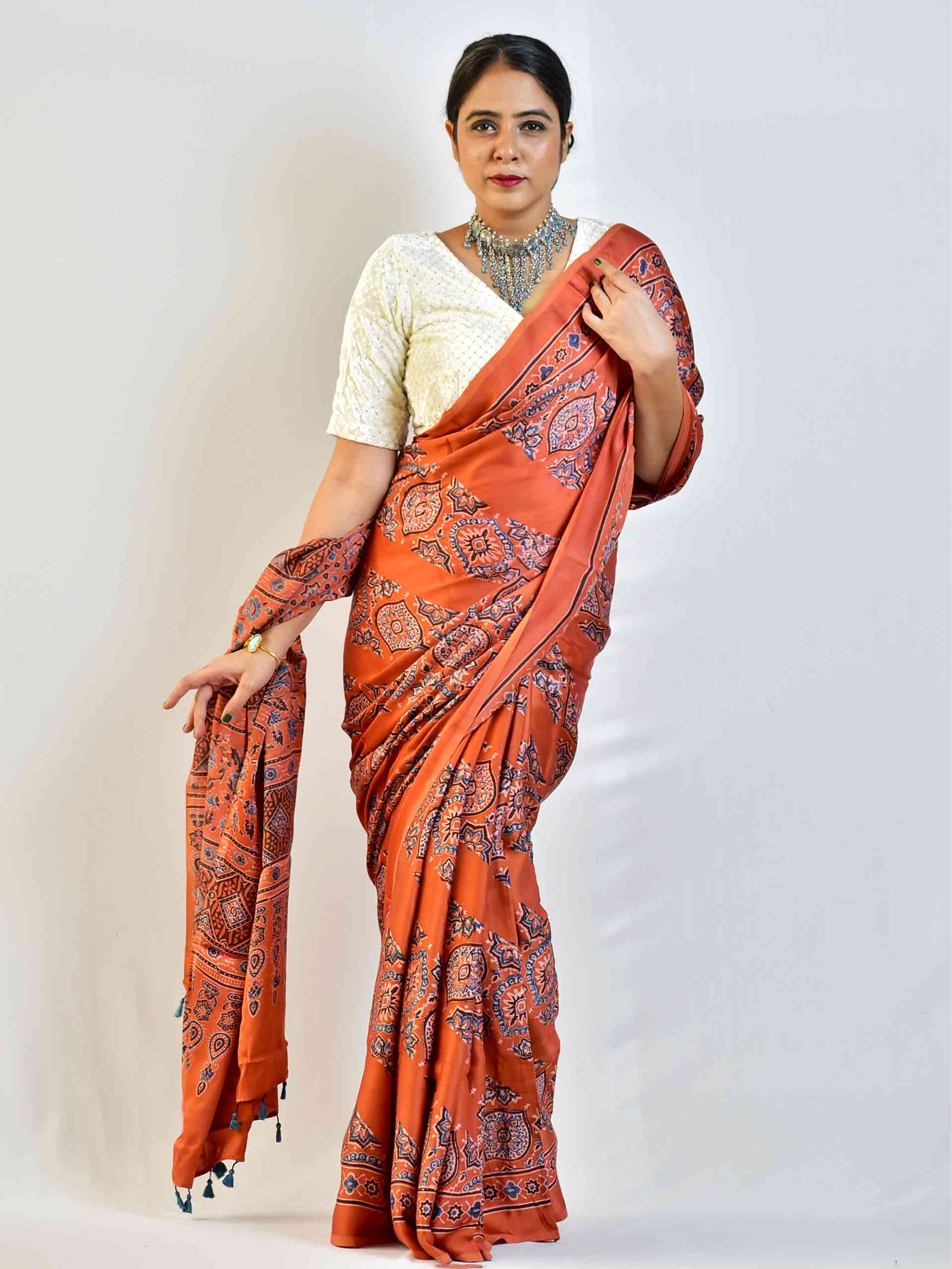 Madonna - Ajrakh hand block printed Modal Silk Saree
