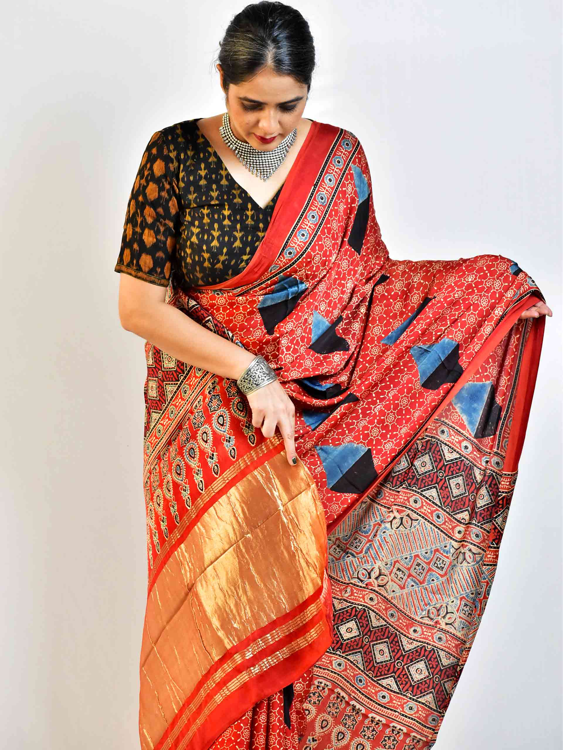 Fuse - Ajrakh hand block printed Modal Silk Saree with zari pallu