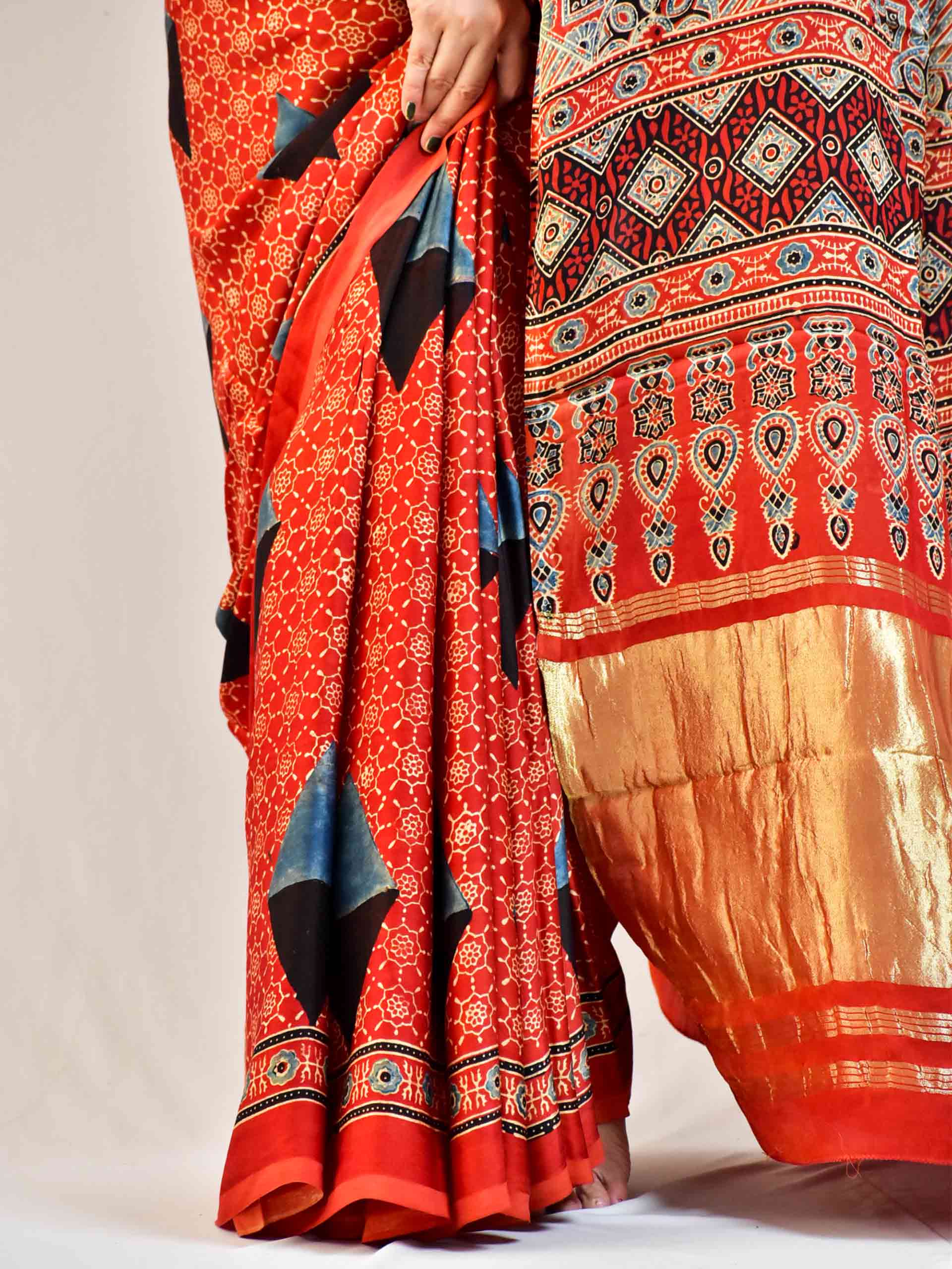 Fuse - Ajrakh hand block printed Modal Silk Saree with zari pallu