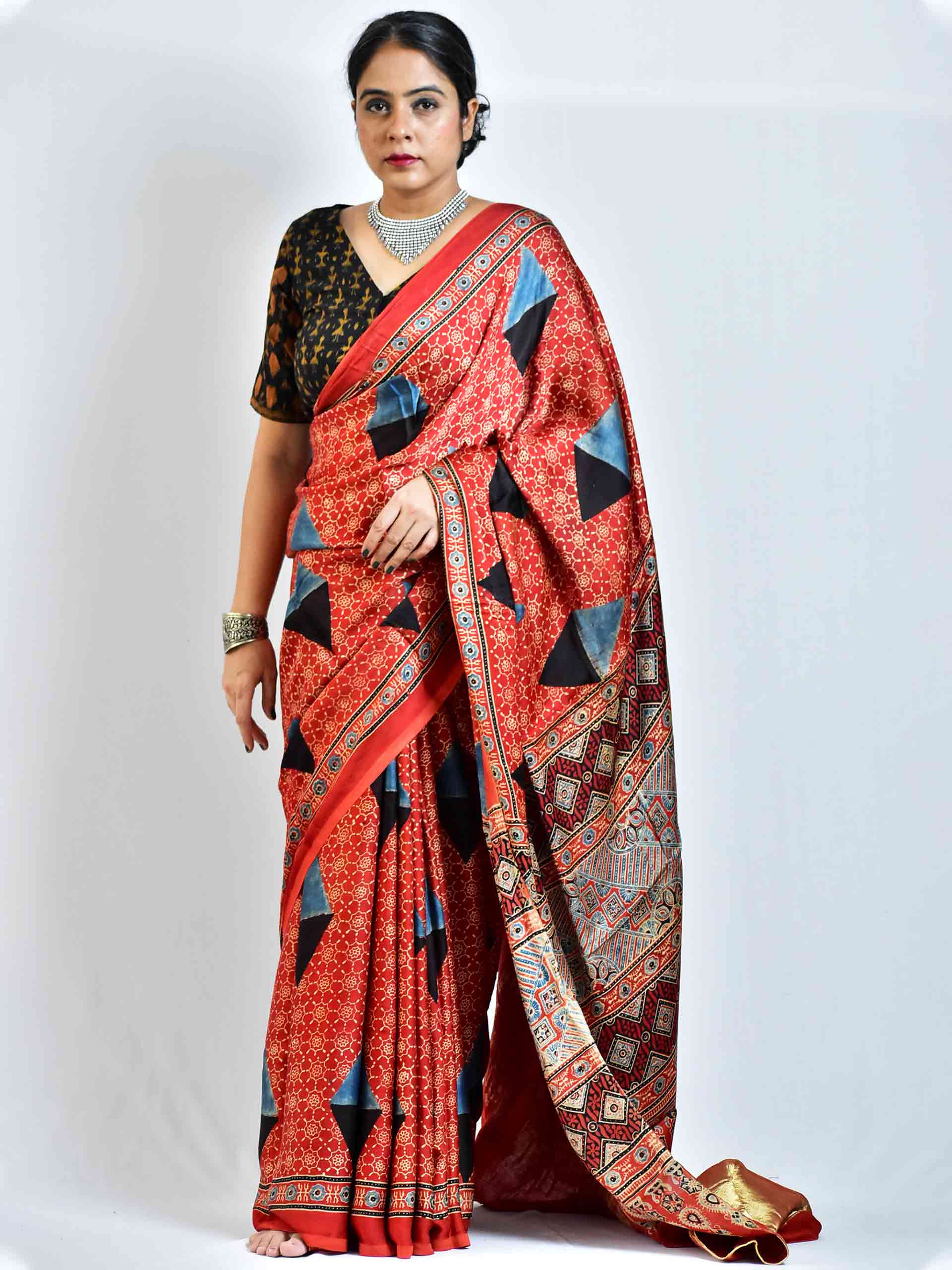 Fuse - Ajrakh hand block printed Modal Silk Saree with zari pallu