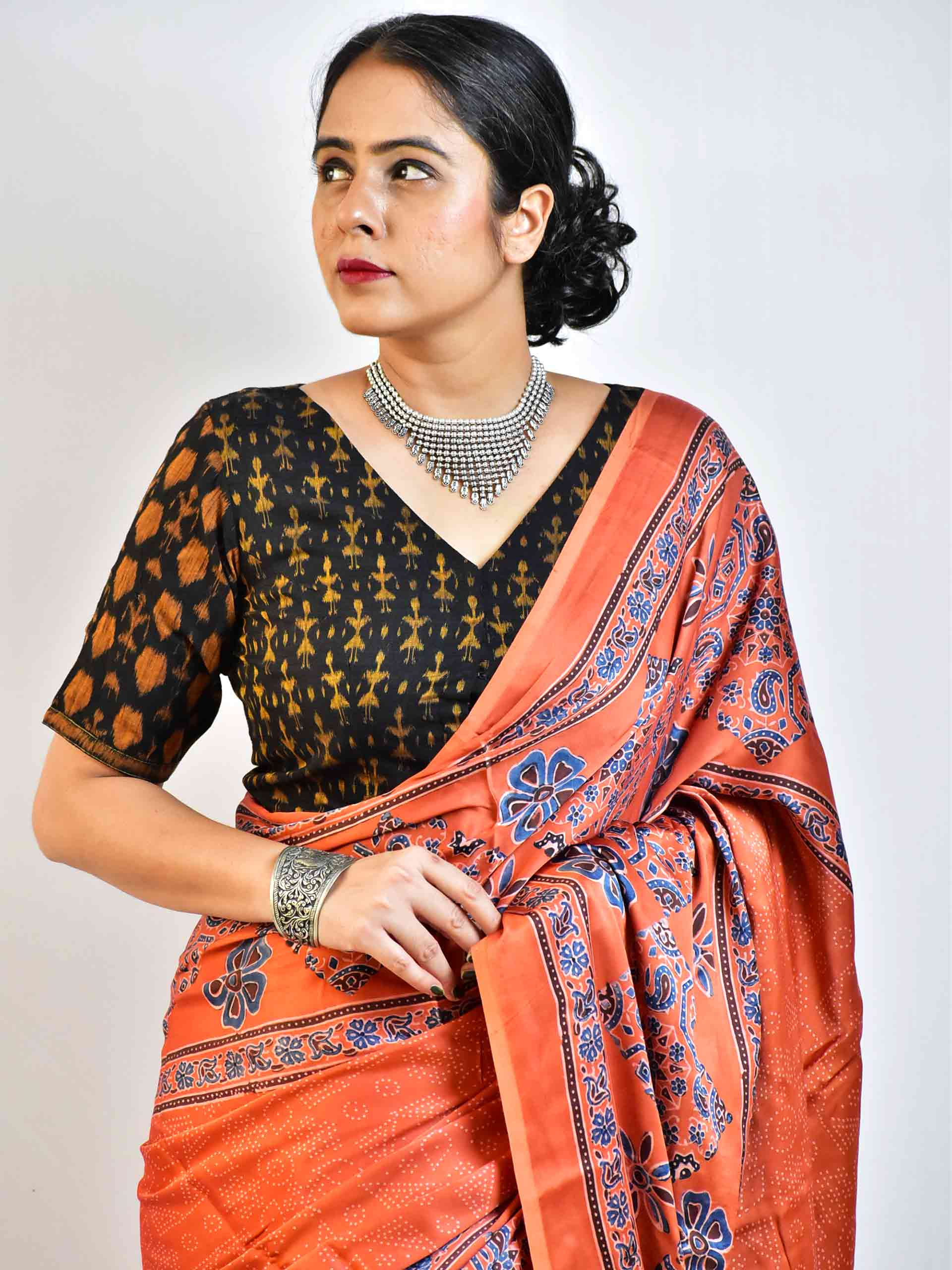 Ajrakh hand block printed Modal Silk Saree