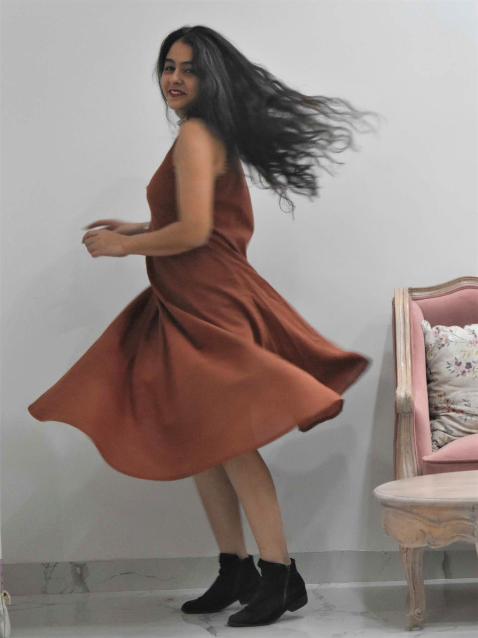 Maroon Organic cotton long dress dancing pose