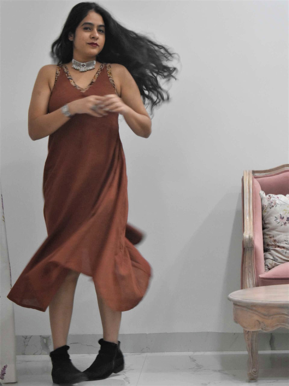 Maroon Organic cotton long dress dancing happy pose