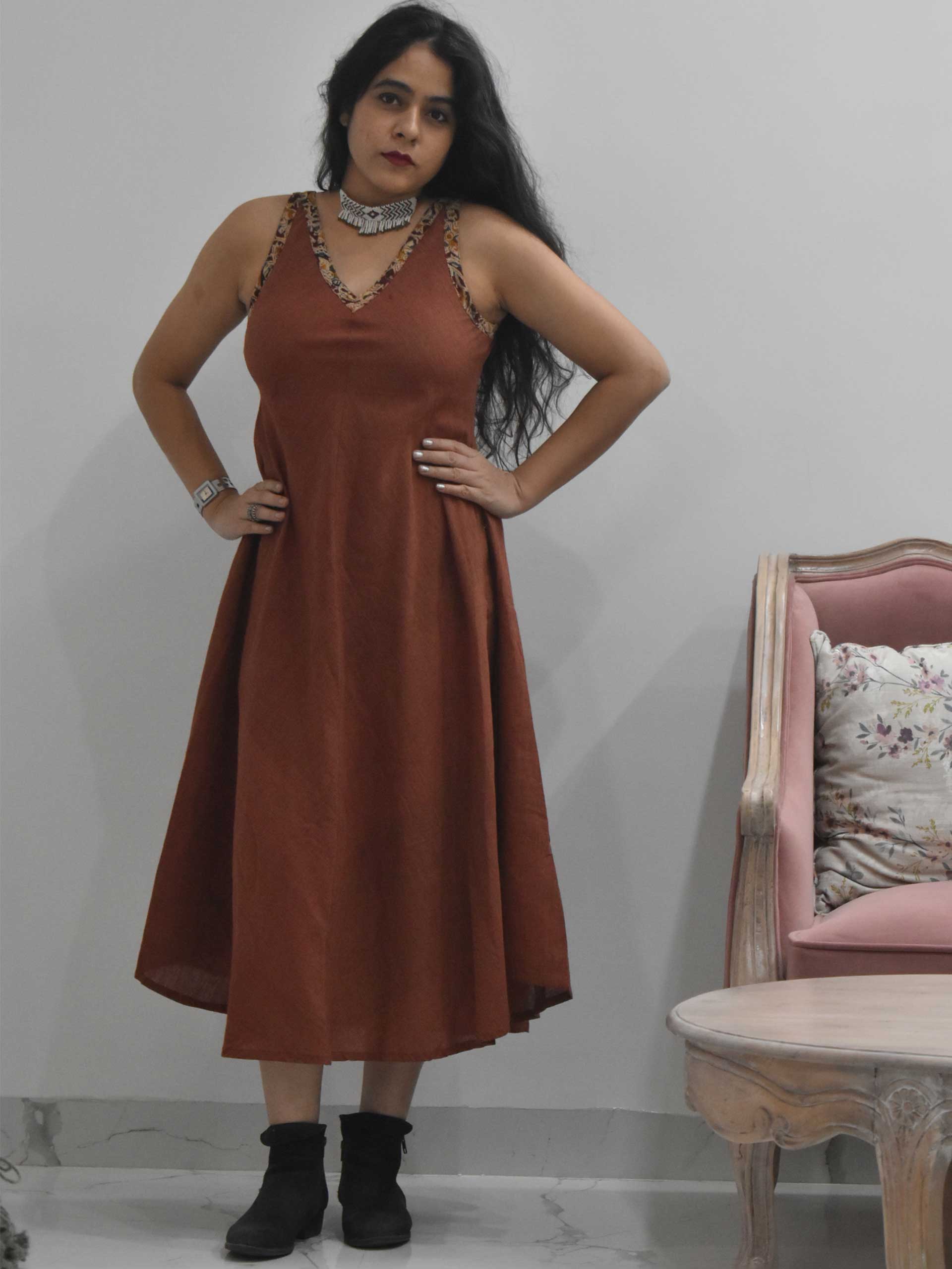 Maroon Organic cotton long dress pose