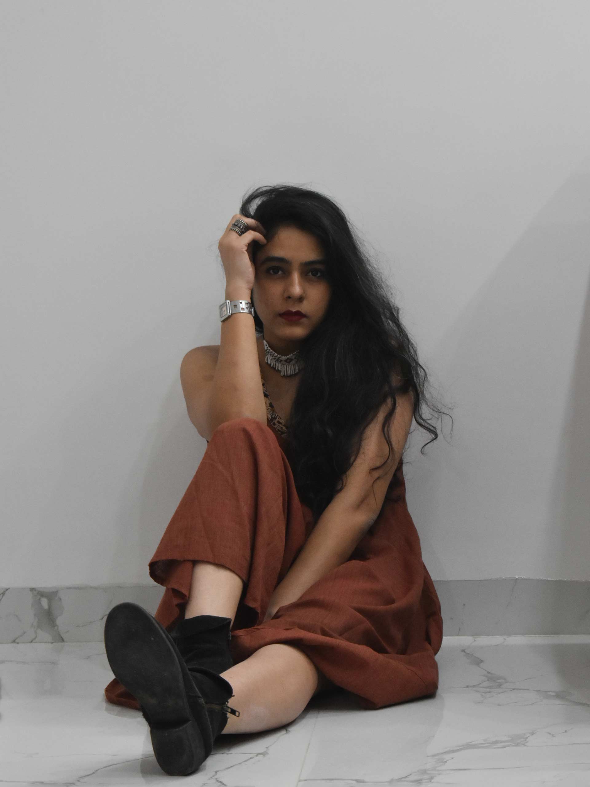 Maroon Organic cotton long dress sitting pose