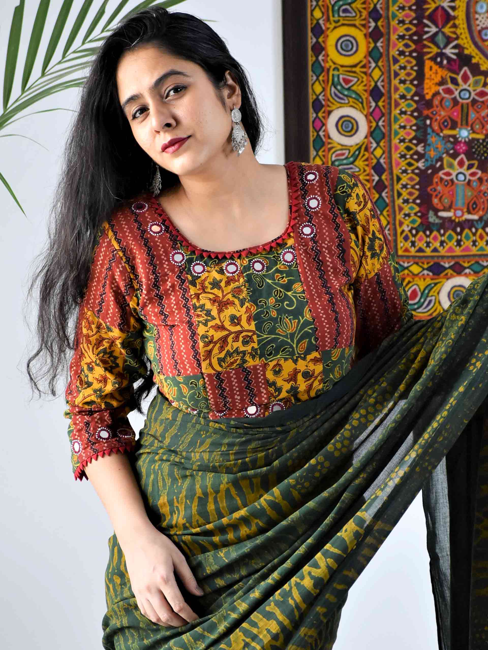 Ajrakh handblock printed Kutch mirror work blouse