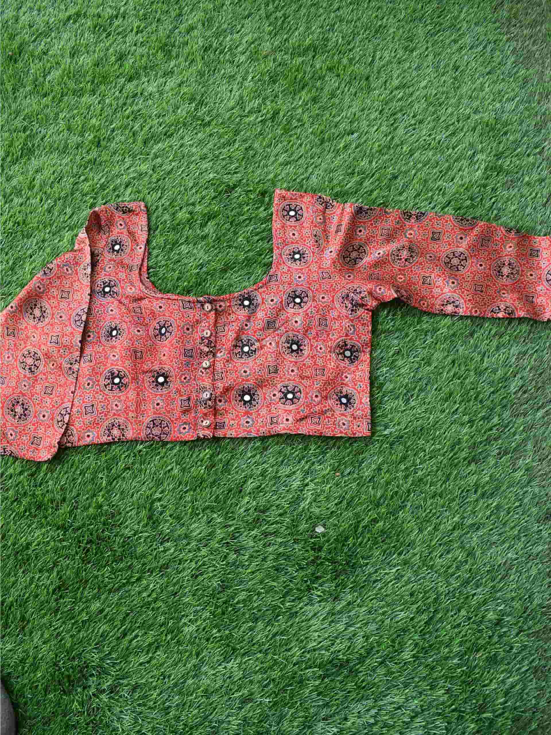 Red Floral Ajrakh Mashru Silk Blouse