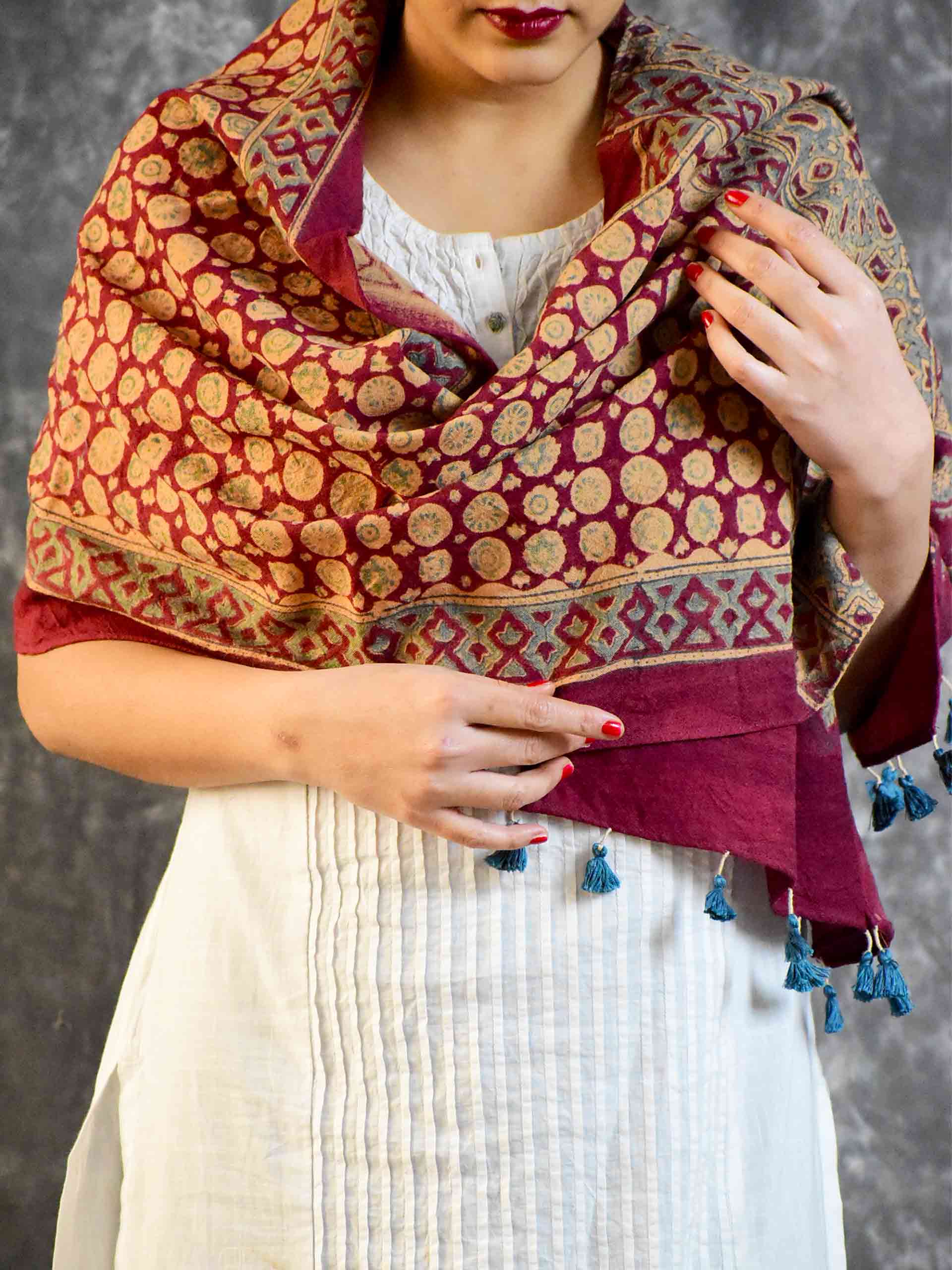Gold Coins Buy Ajrakh Handloom Merino Wool Stole Online