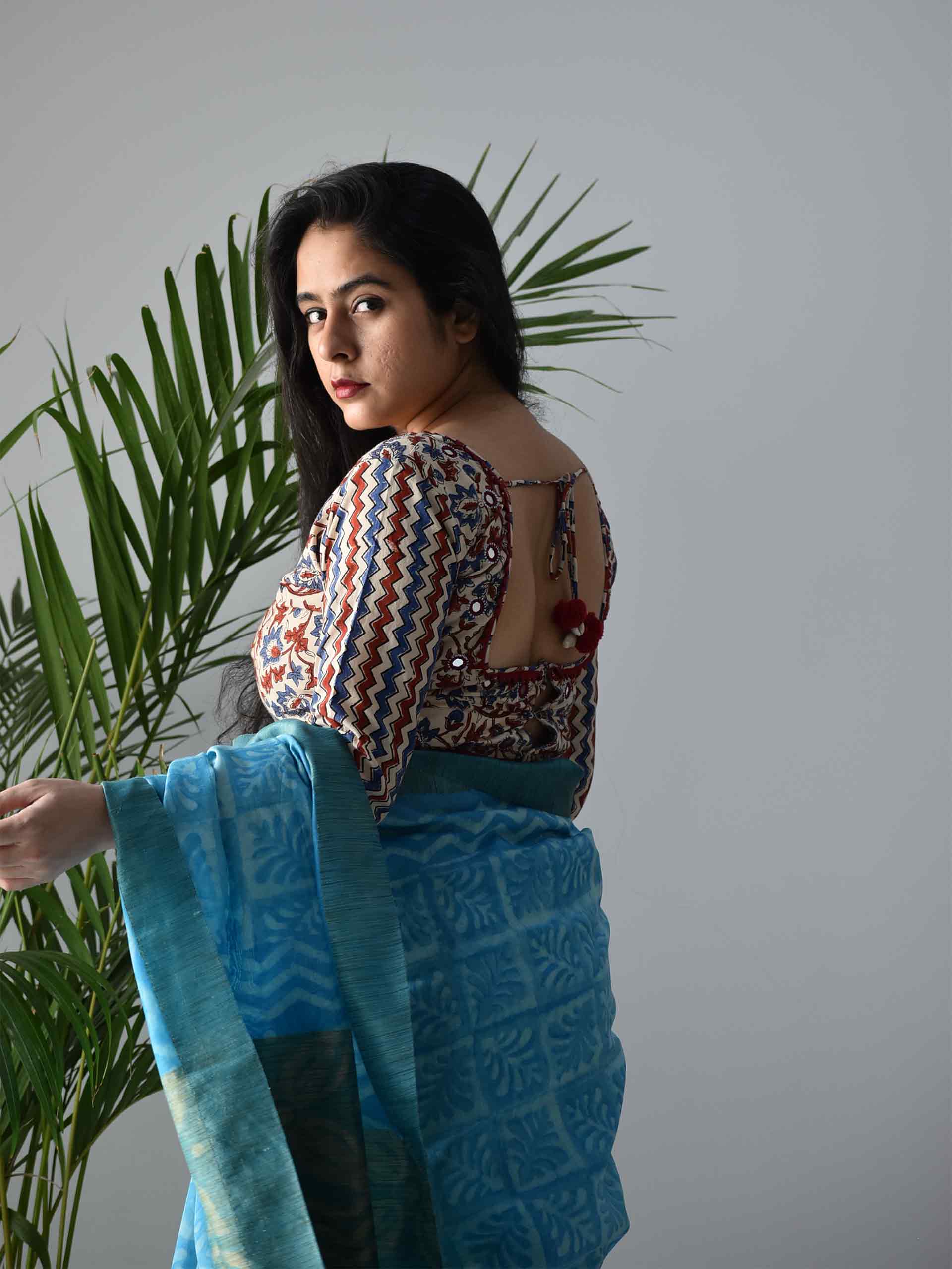 White Ajrakh hand block printed Kutch mirror work blouse