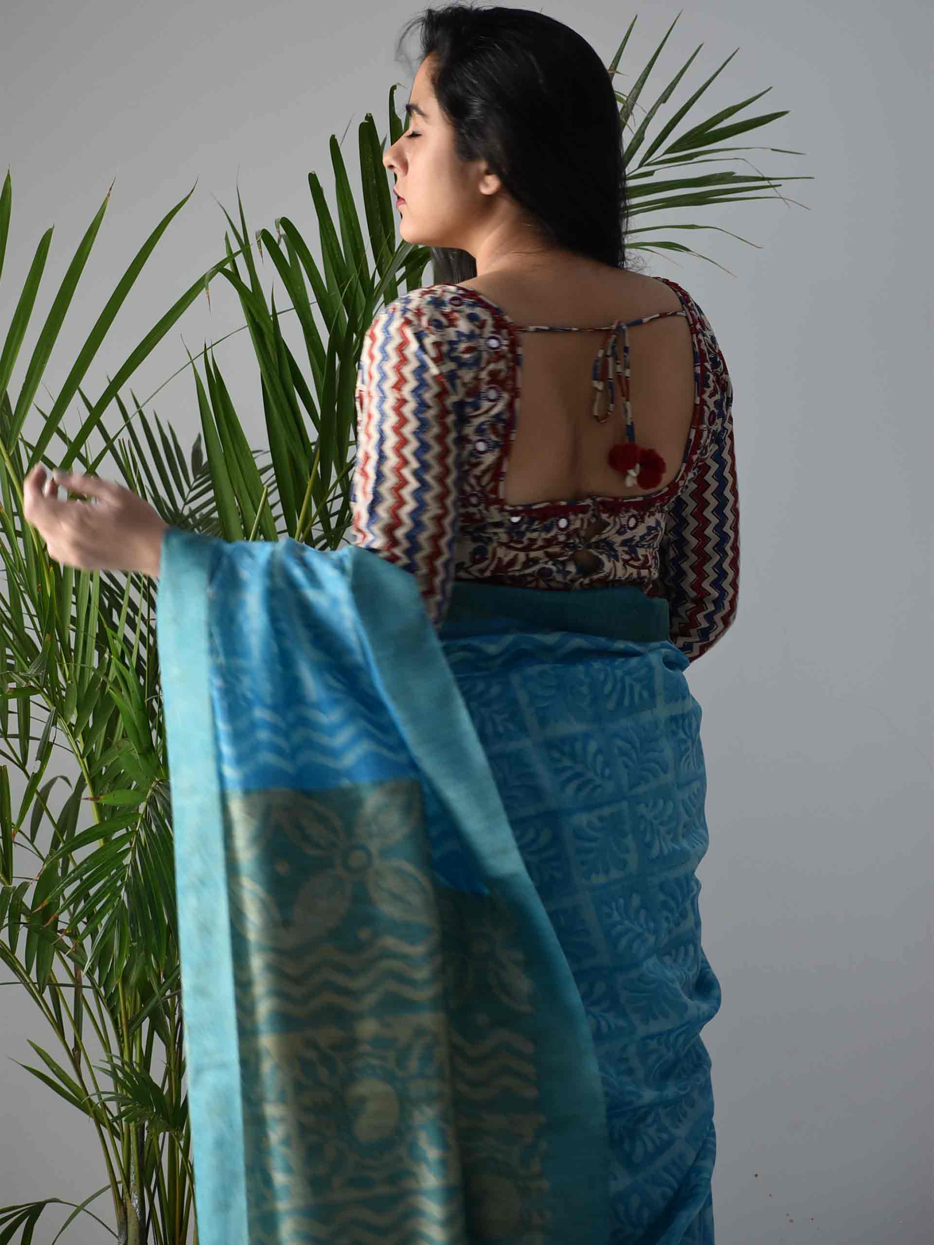 White Ajrakh hand block printed Kutch mirror work blouse