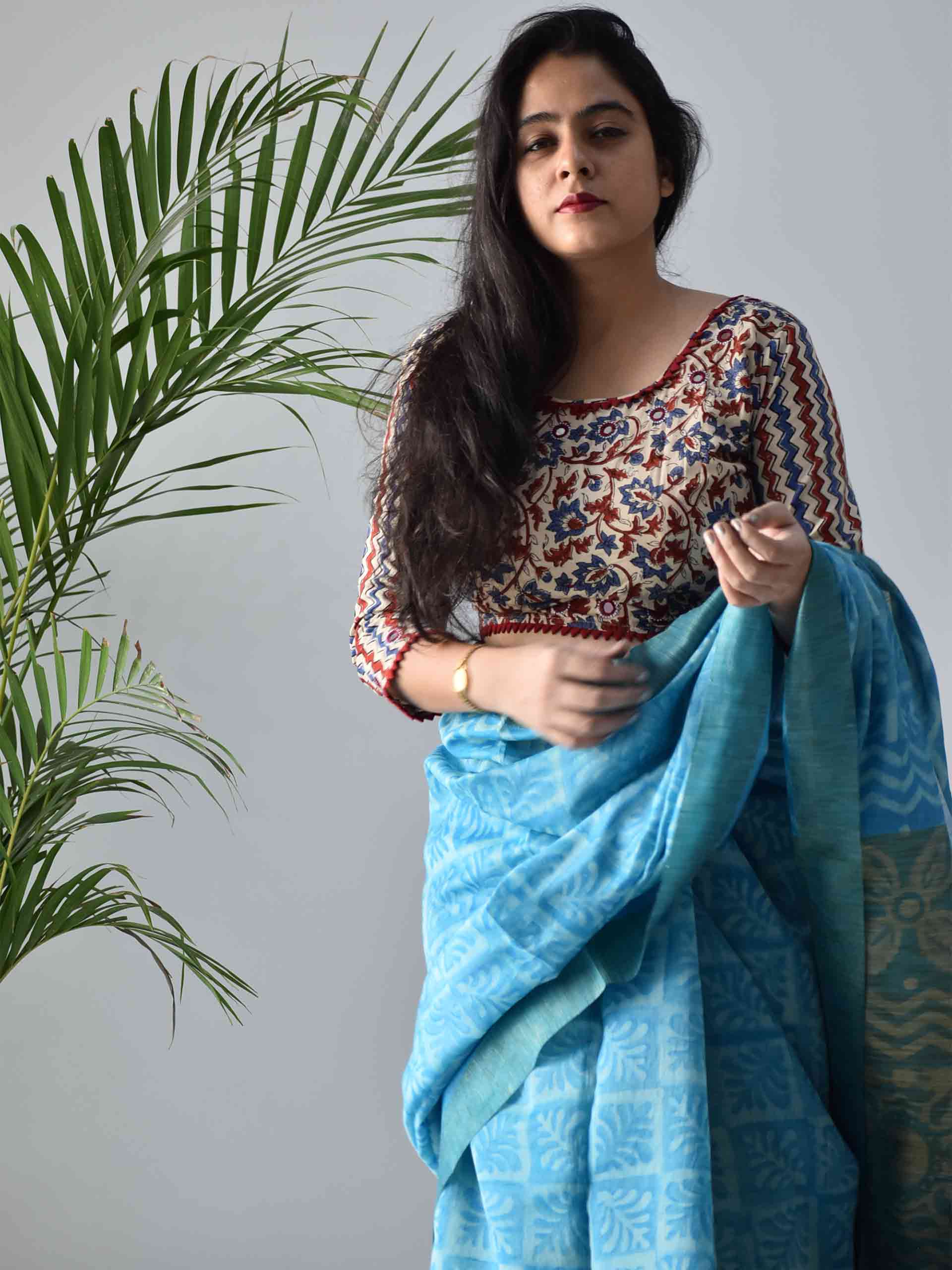 White Ajrakh hand block printed Kutch mirror work blouse