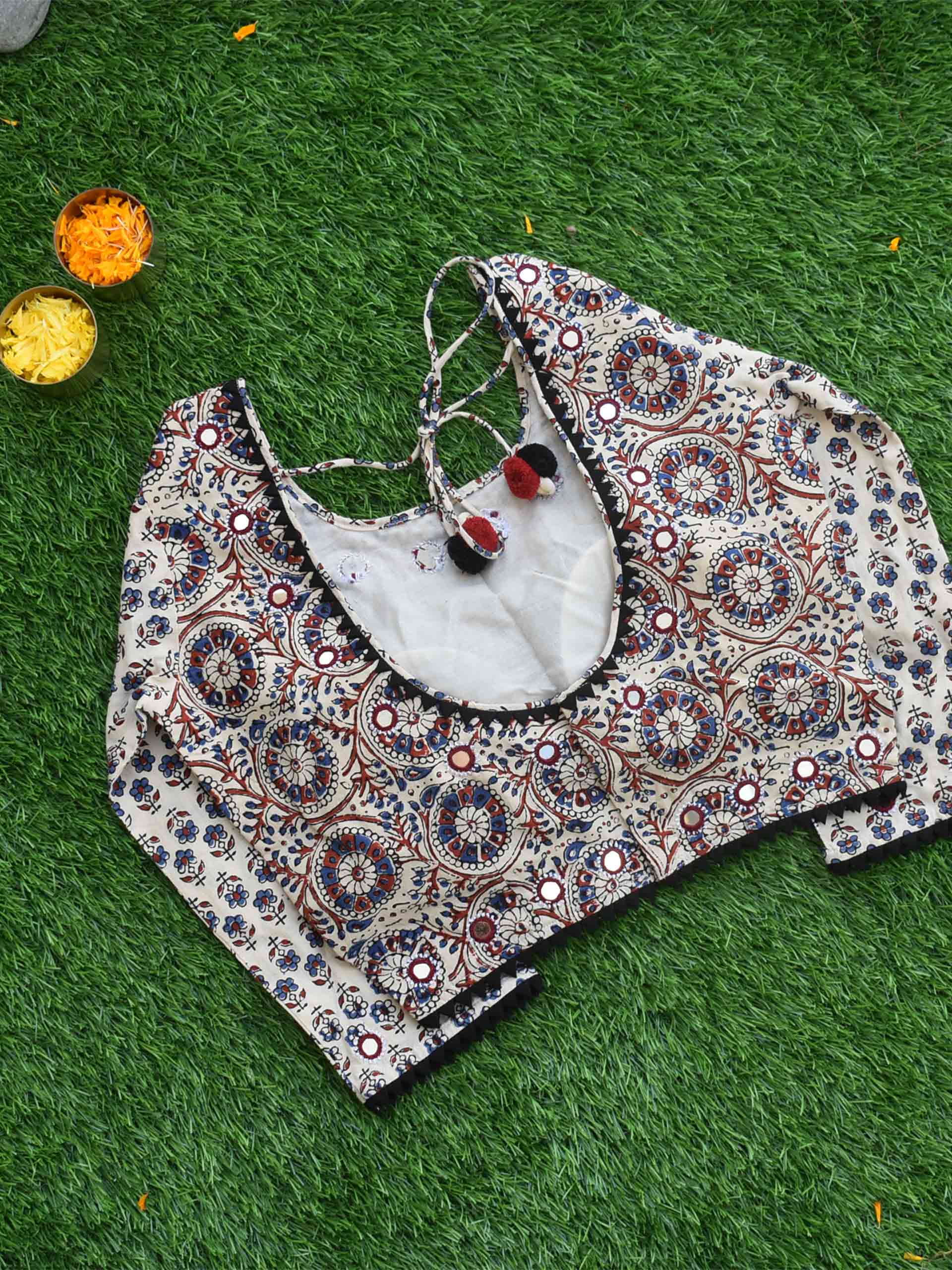 White Geometric Ajrakh hand block printed Kutch mirror work choli blouse