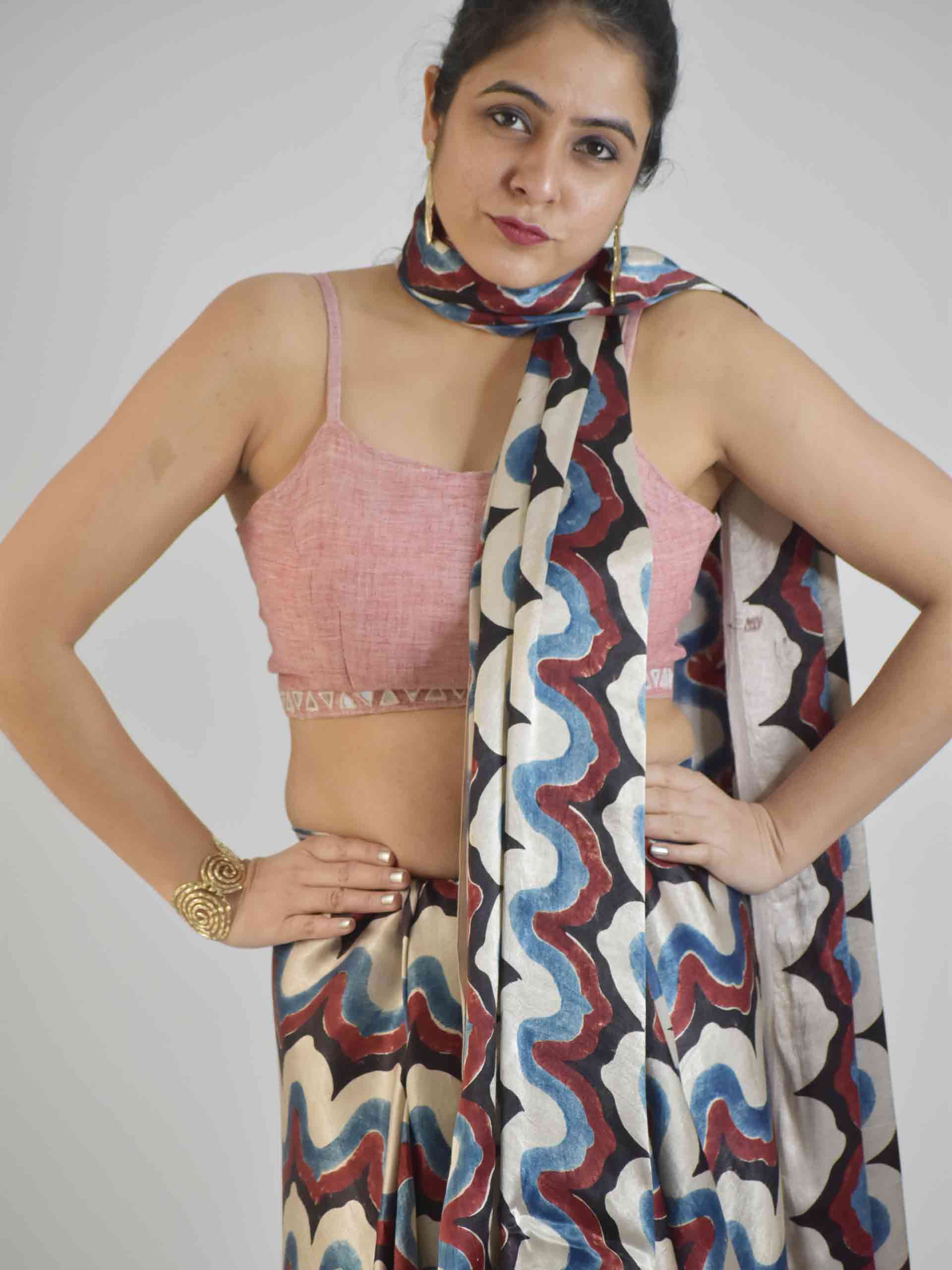 Muqarnas - White Ajrakh Mashru Silk Saree