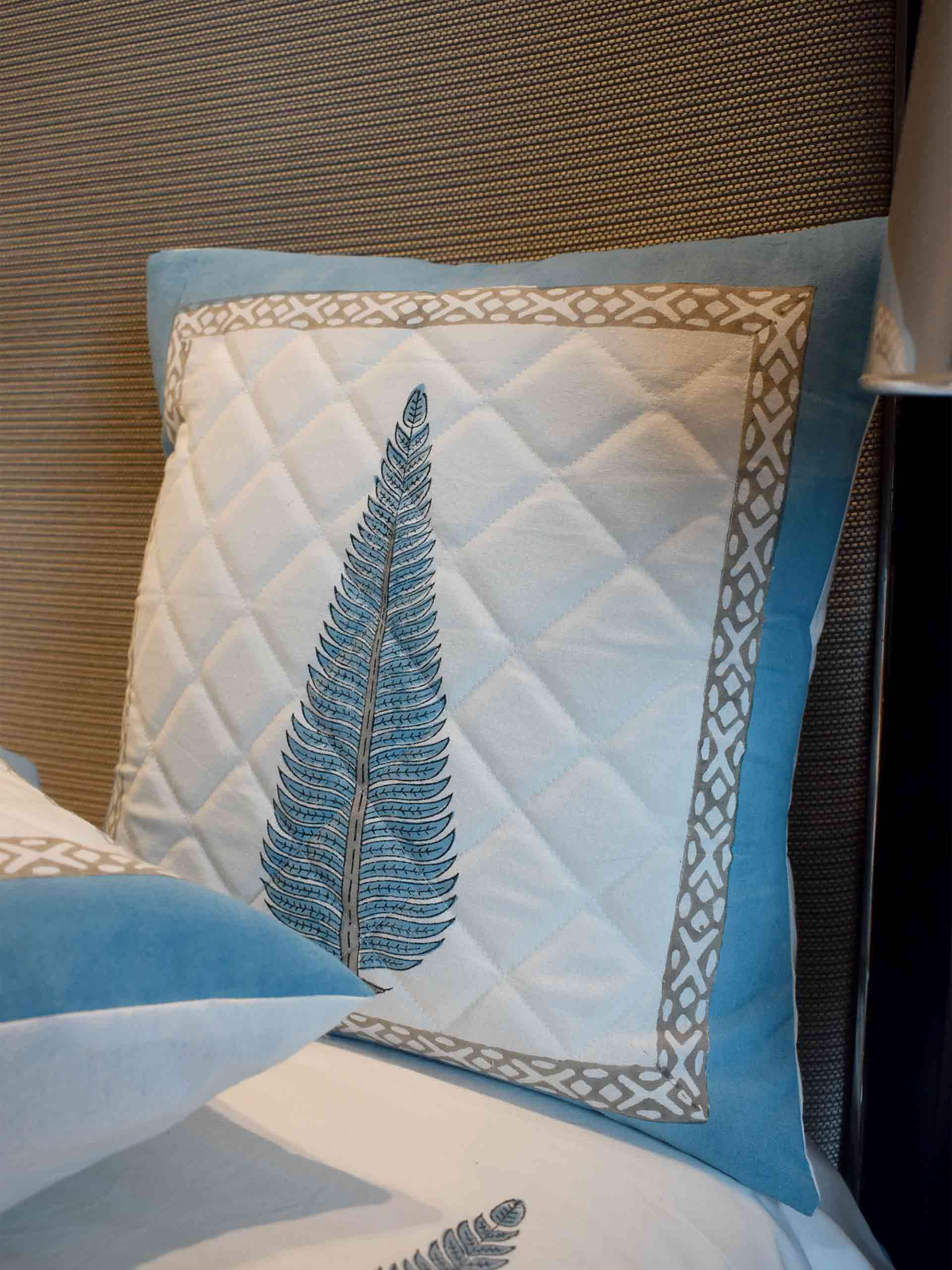 Snowhite - Hand block printed quilted cotton cushion cover 16X16