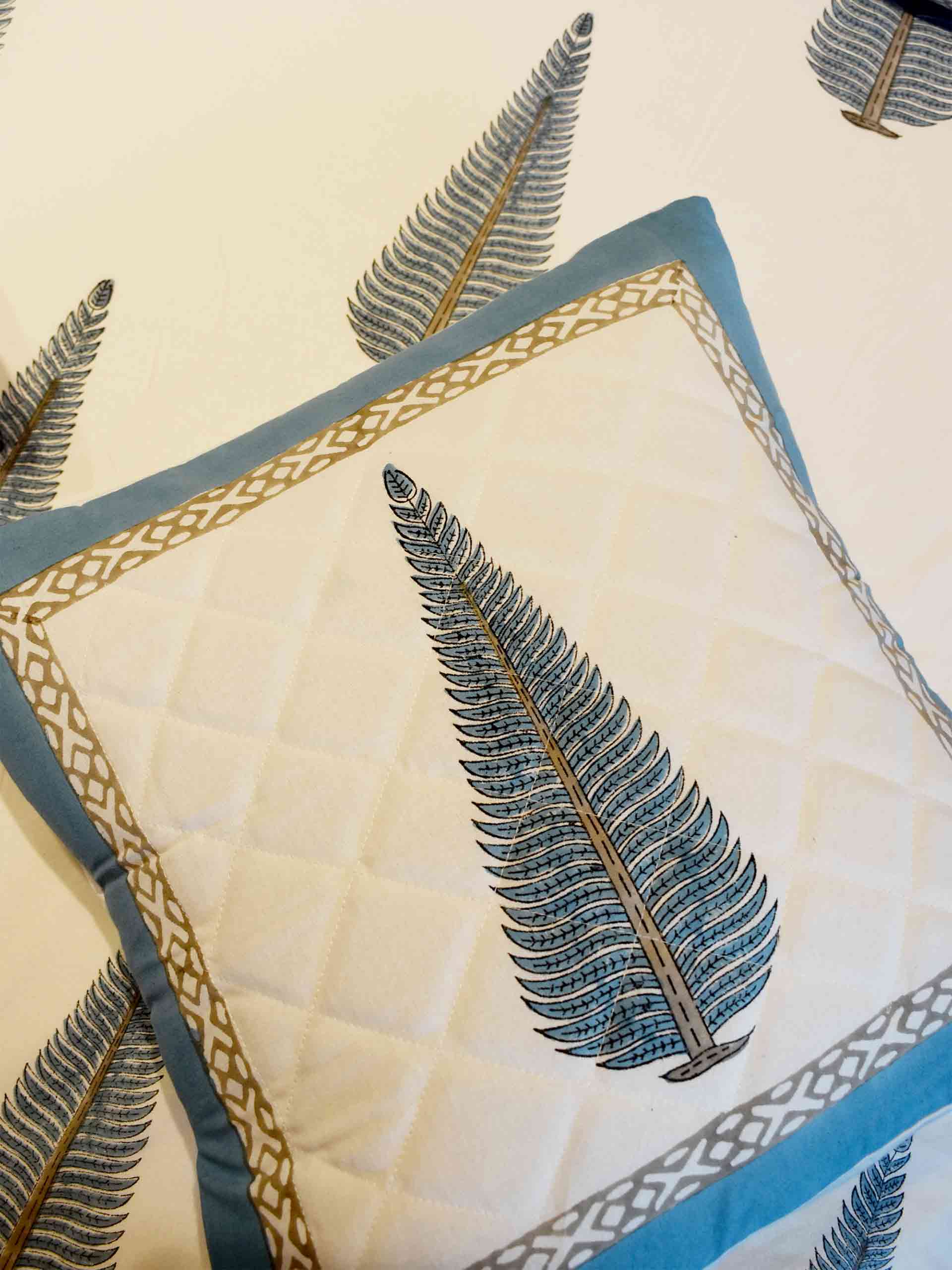 Snowhite - Hand block printed quilted cotton cushion cover 16X16