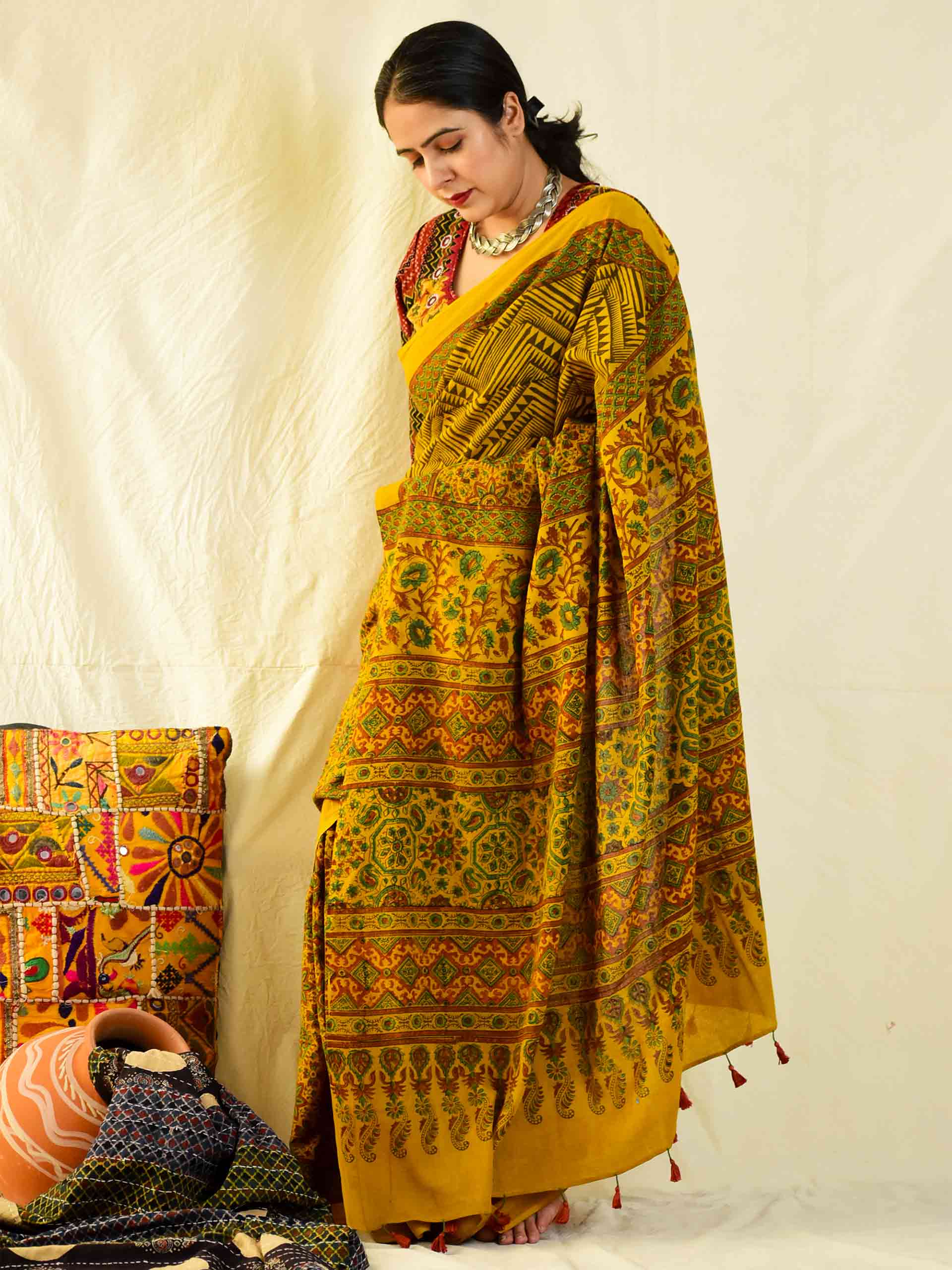 Ajrakh hand block printed mul cotton saree