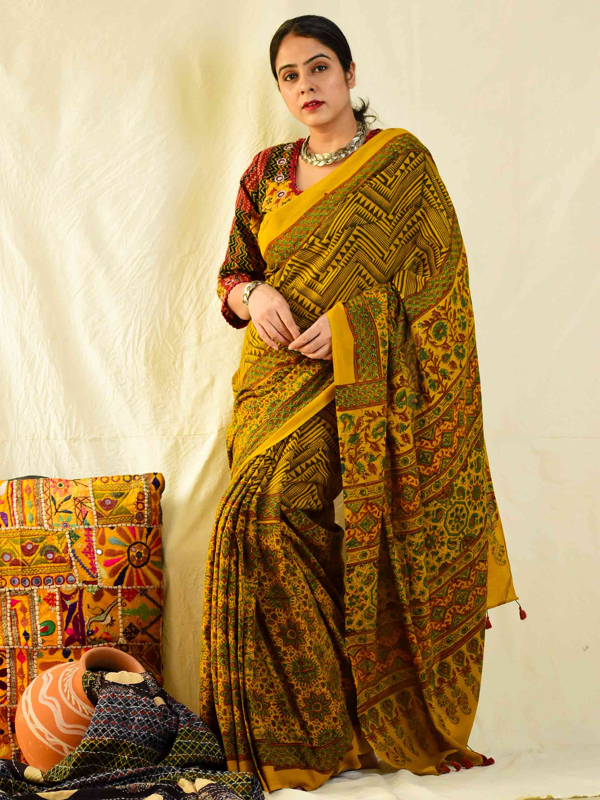 Ajrakh hand block printed mul cotton saree