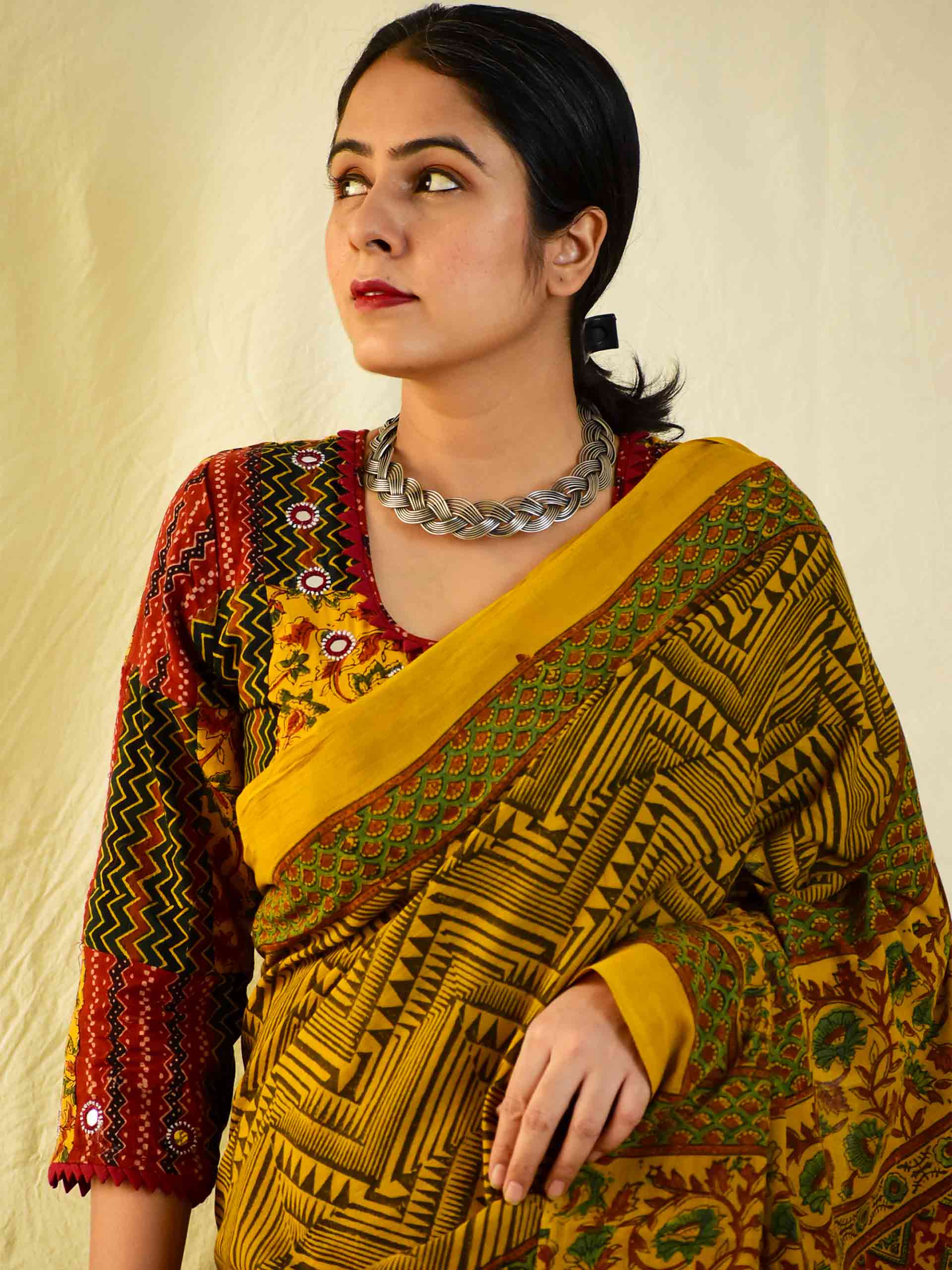 Ajrakh hand block printed mul cotton saree