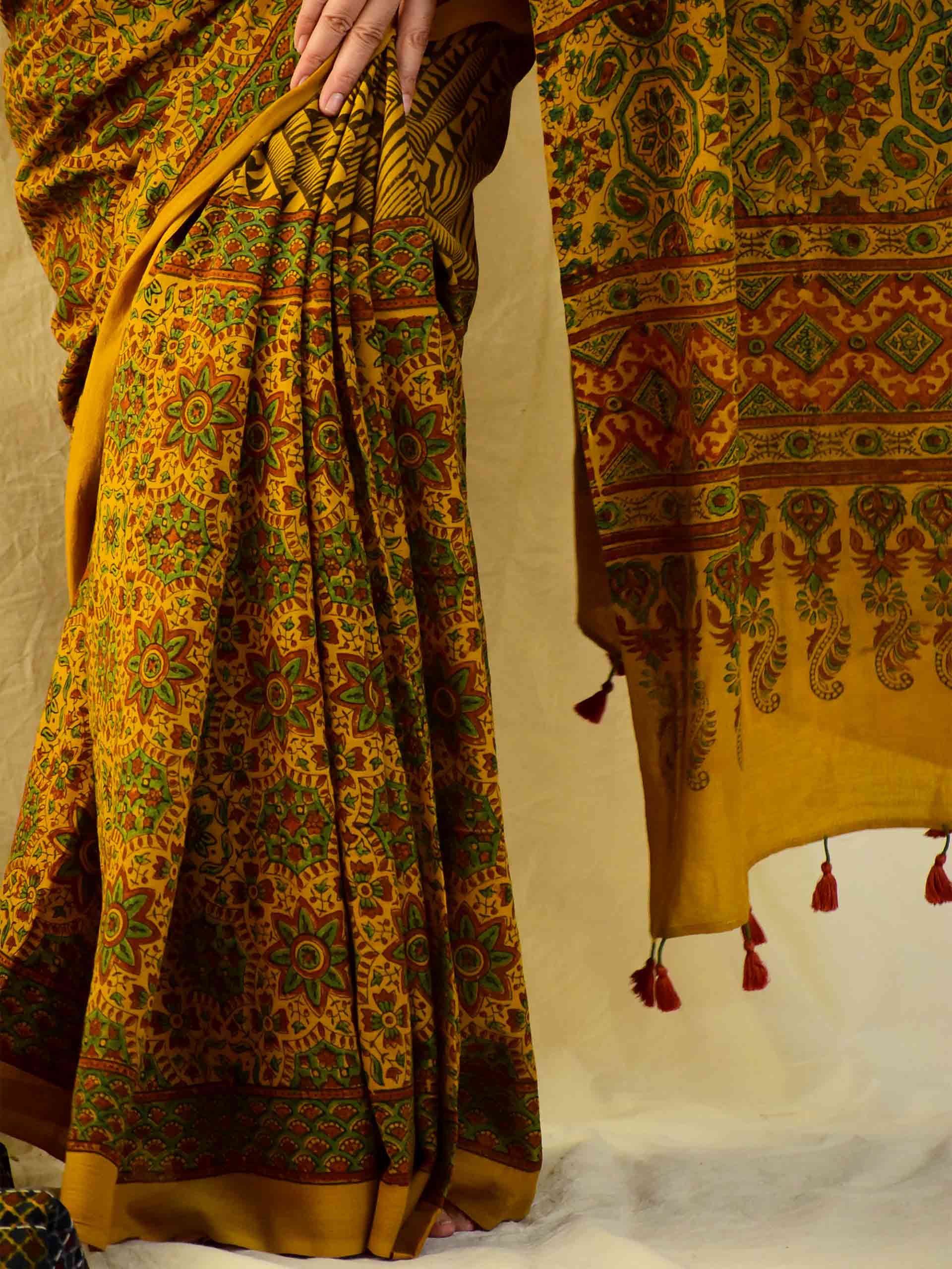 Ajrakh hand block printed mul cotton saree