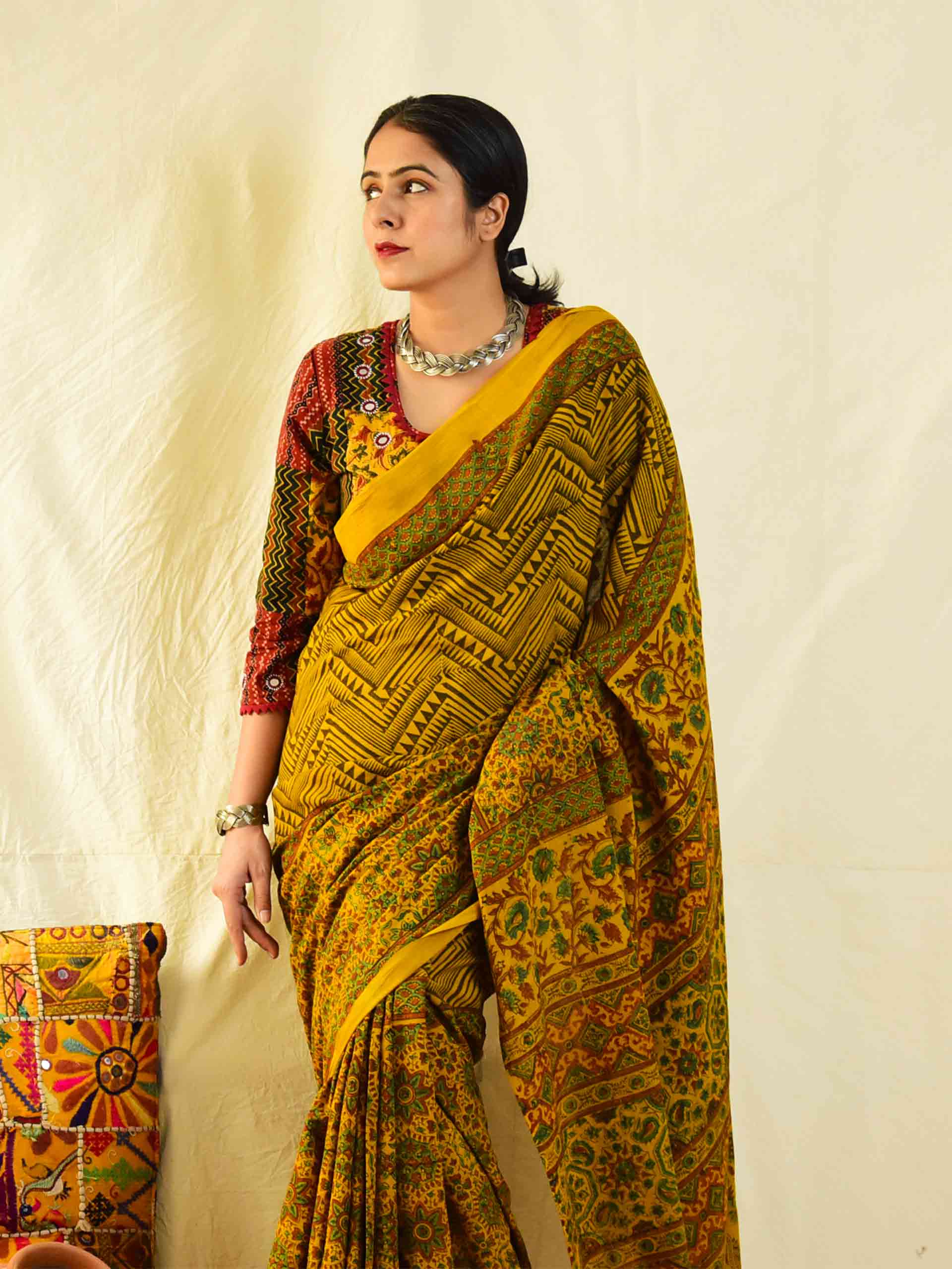 Ajrakh hand block printed mul cotton saree