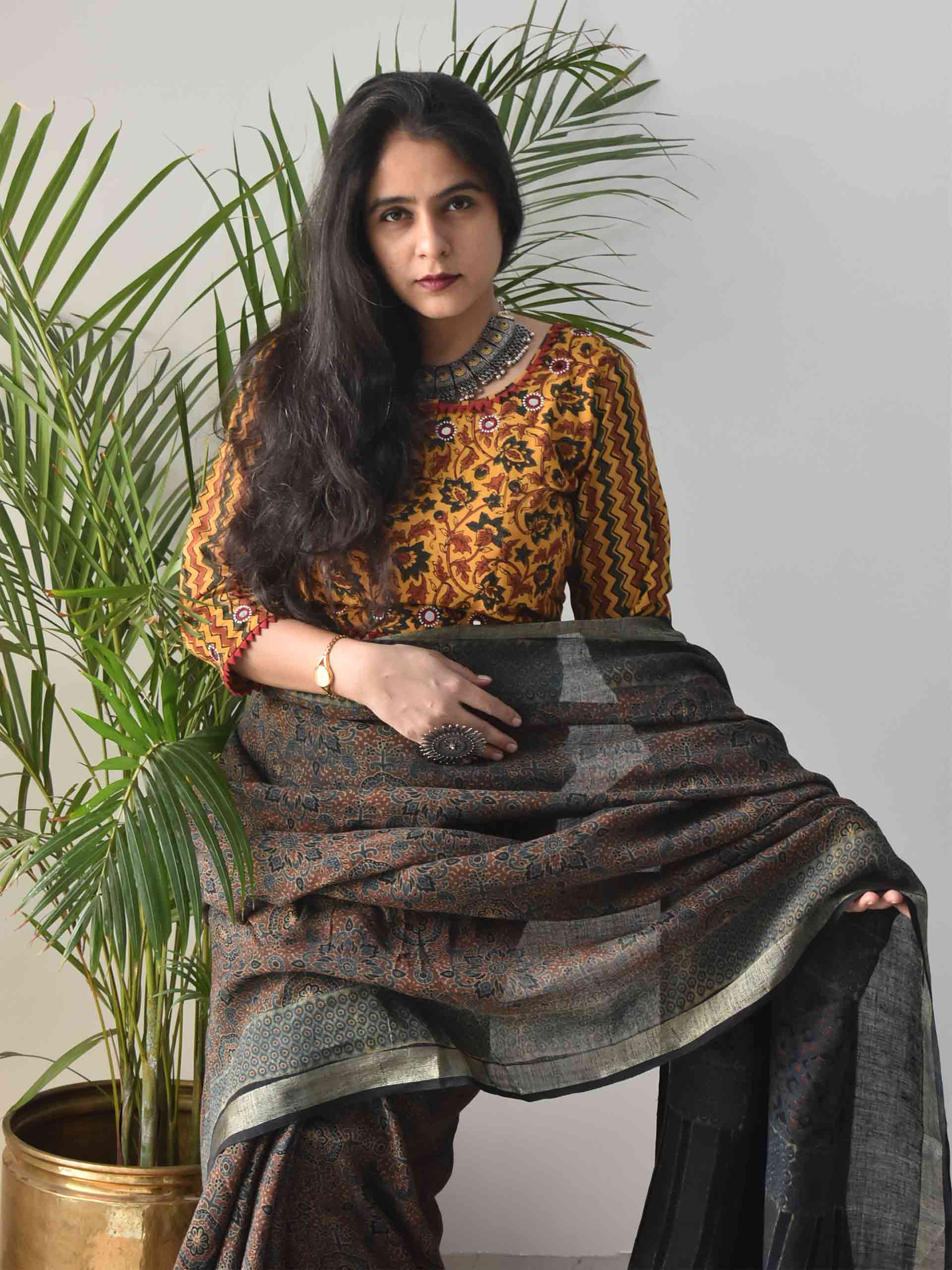 Yellow Floral Ajrakh hand block printed Kutch mirror work blouse