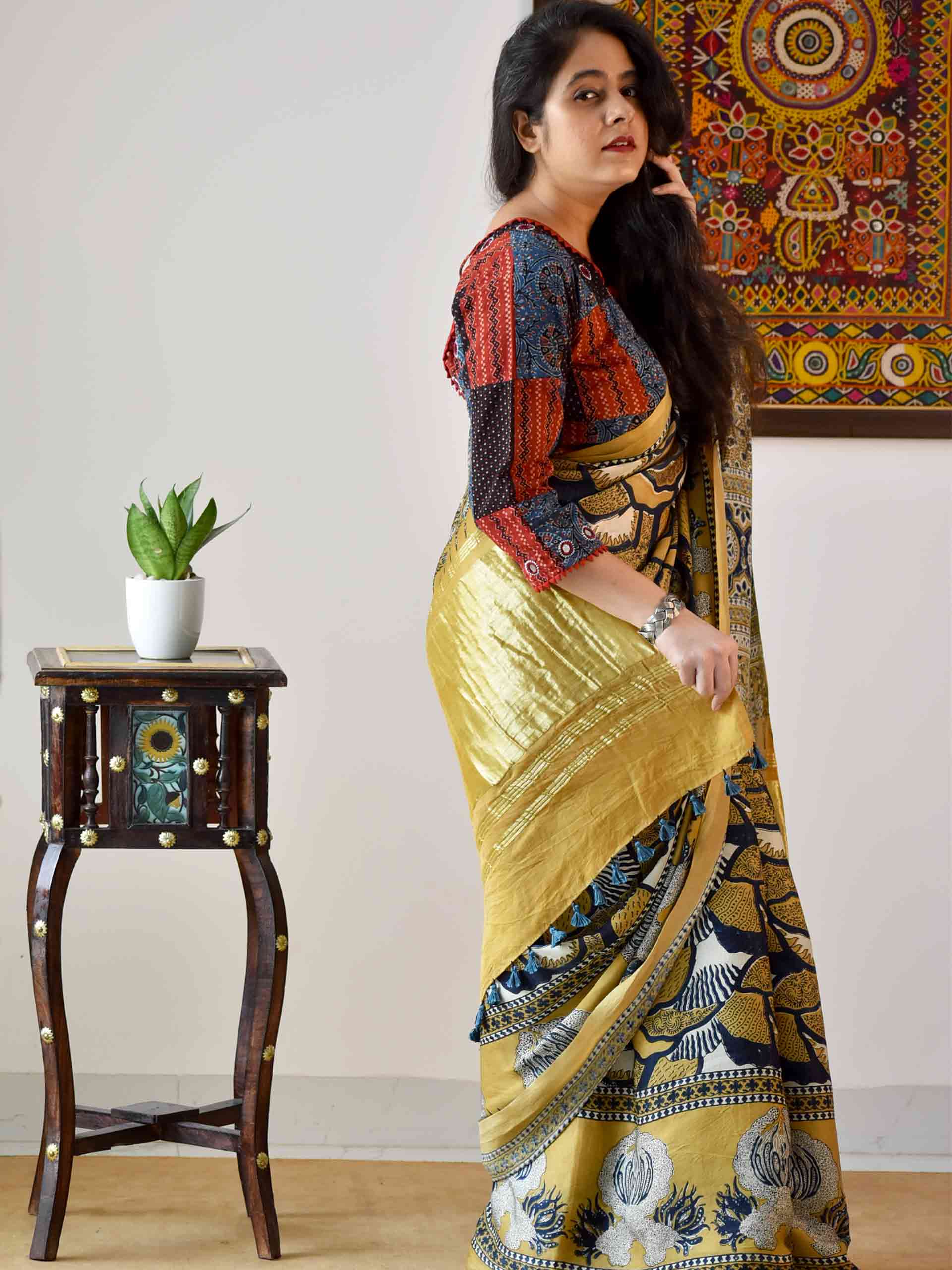 Ajrakh hand block printed Modal Silk Saree with zari pallu