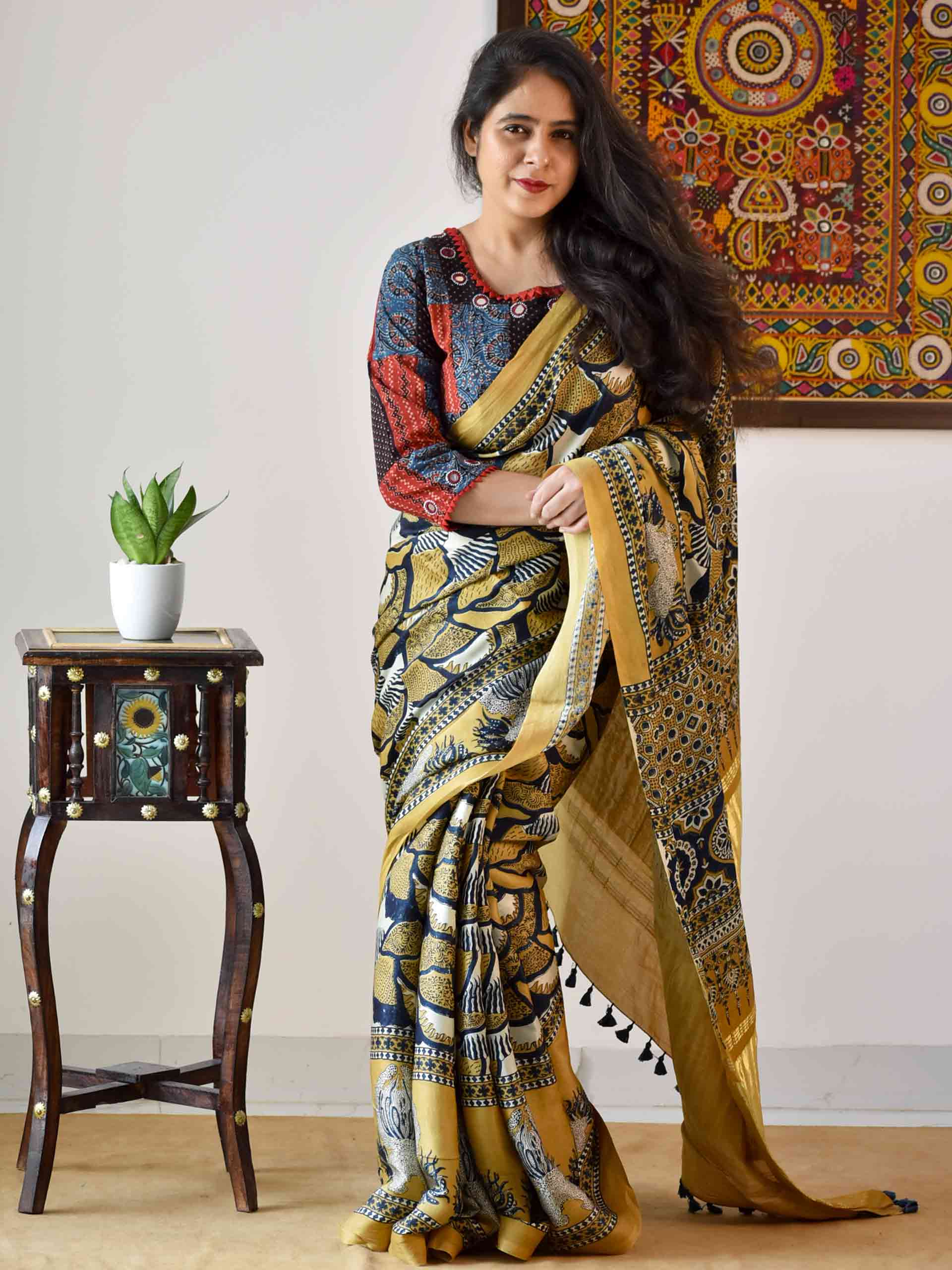 Ajrakh hand block printed Modal Silk Saree with zari pallu
