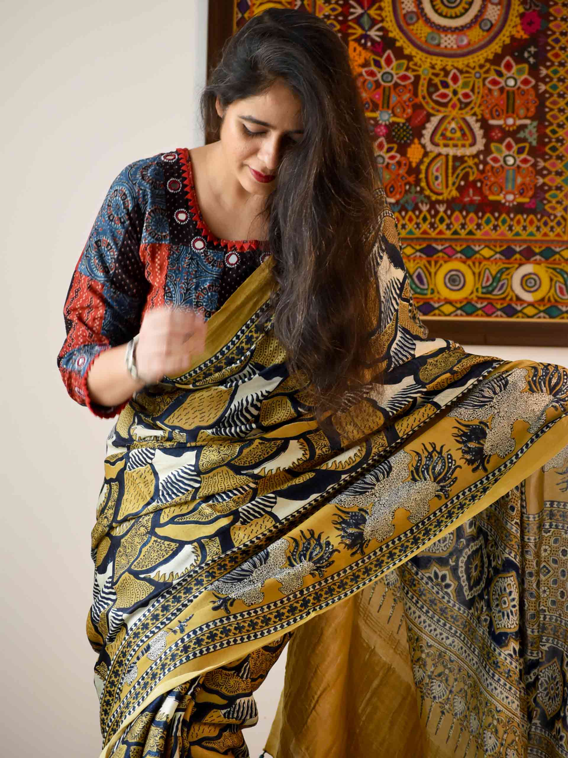 Ajrakh hand block printed Modal Silk Saree with zari pallu