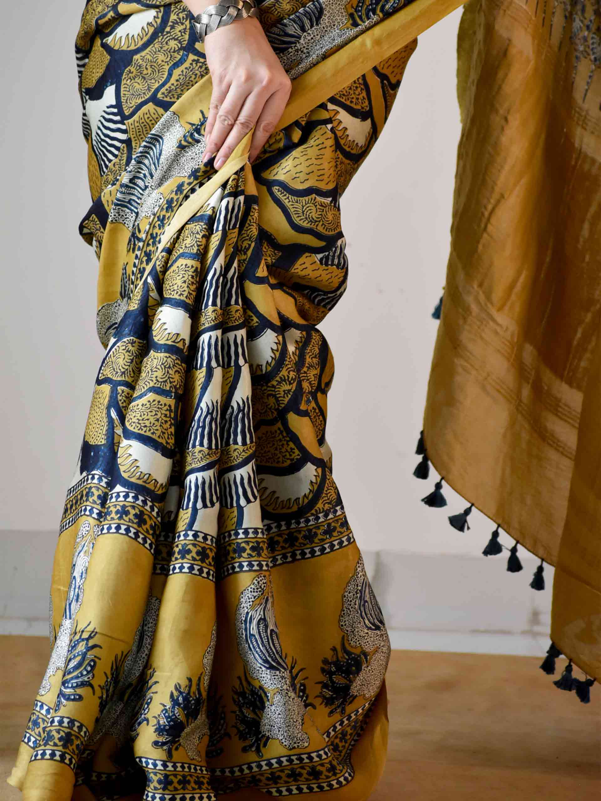 Ajrakh hand block printed Modal Silk Saree with zari pallu