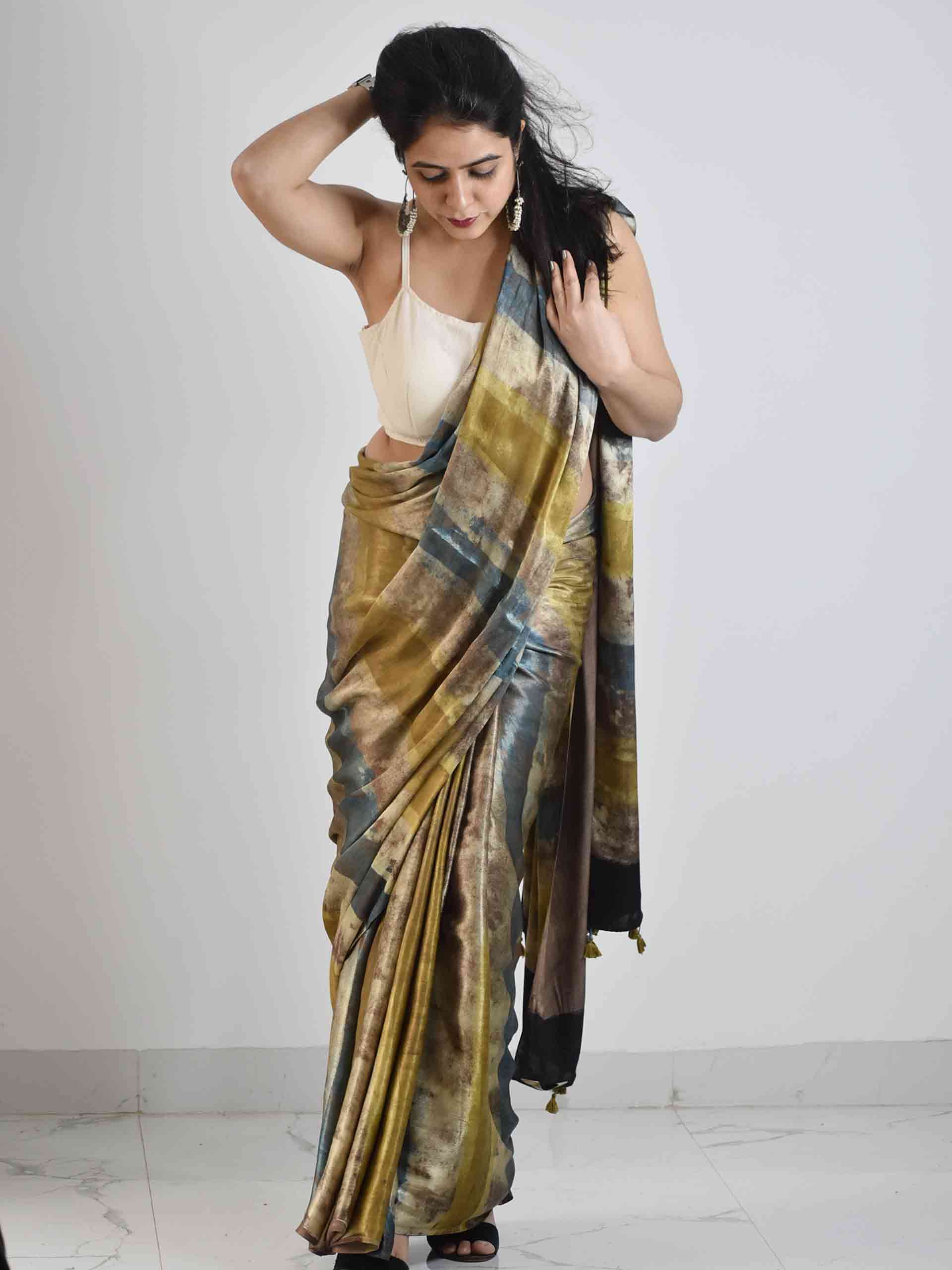 Ajrakh Mashru silk saree pose