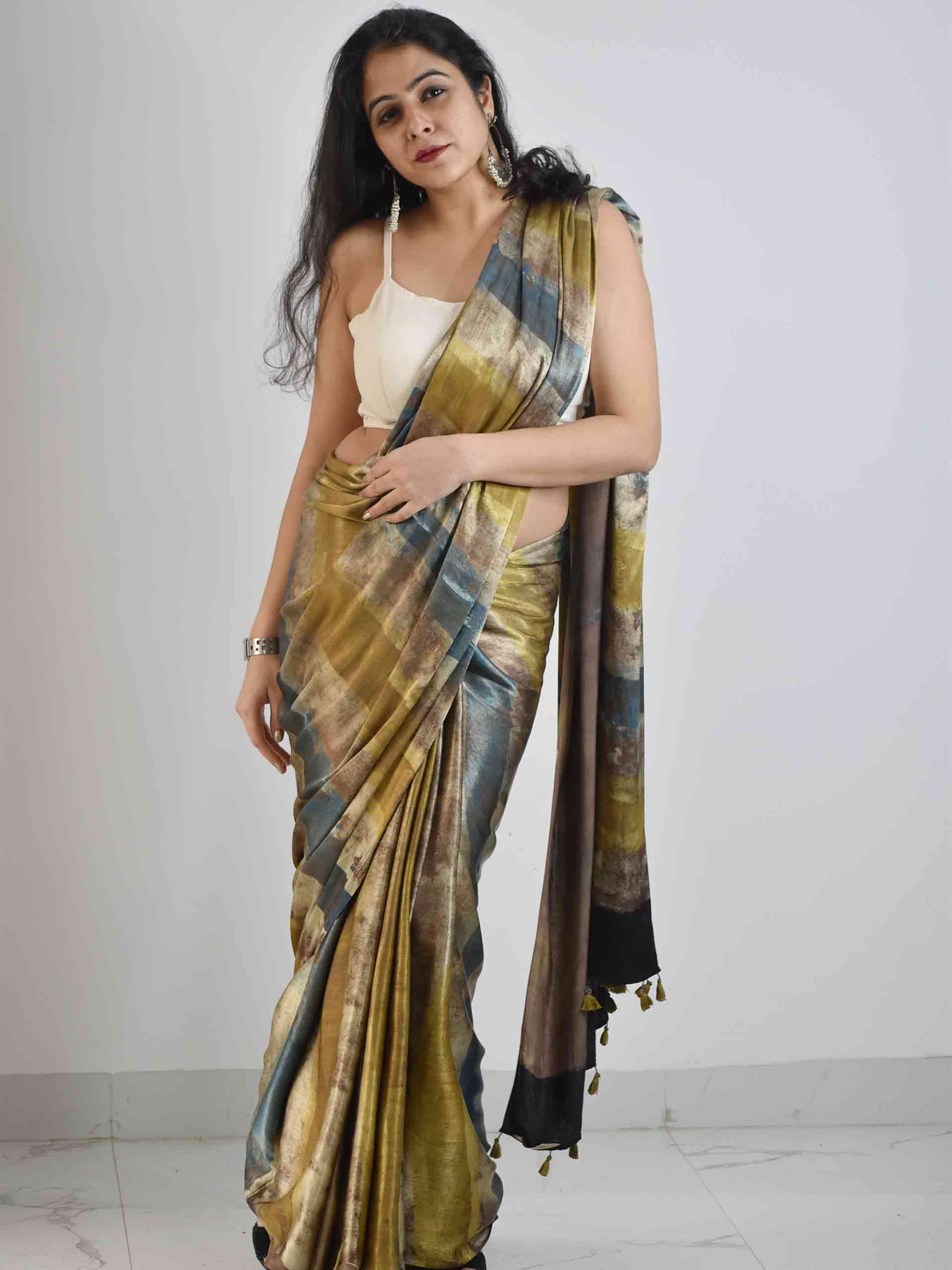 Brown Yellow Blue Ajrakh Mashru Silk Saree