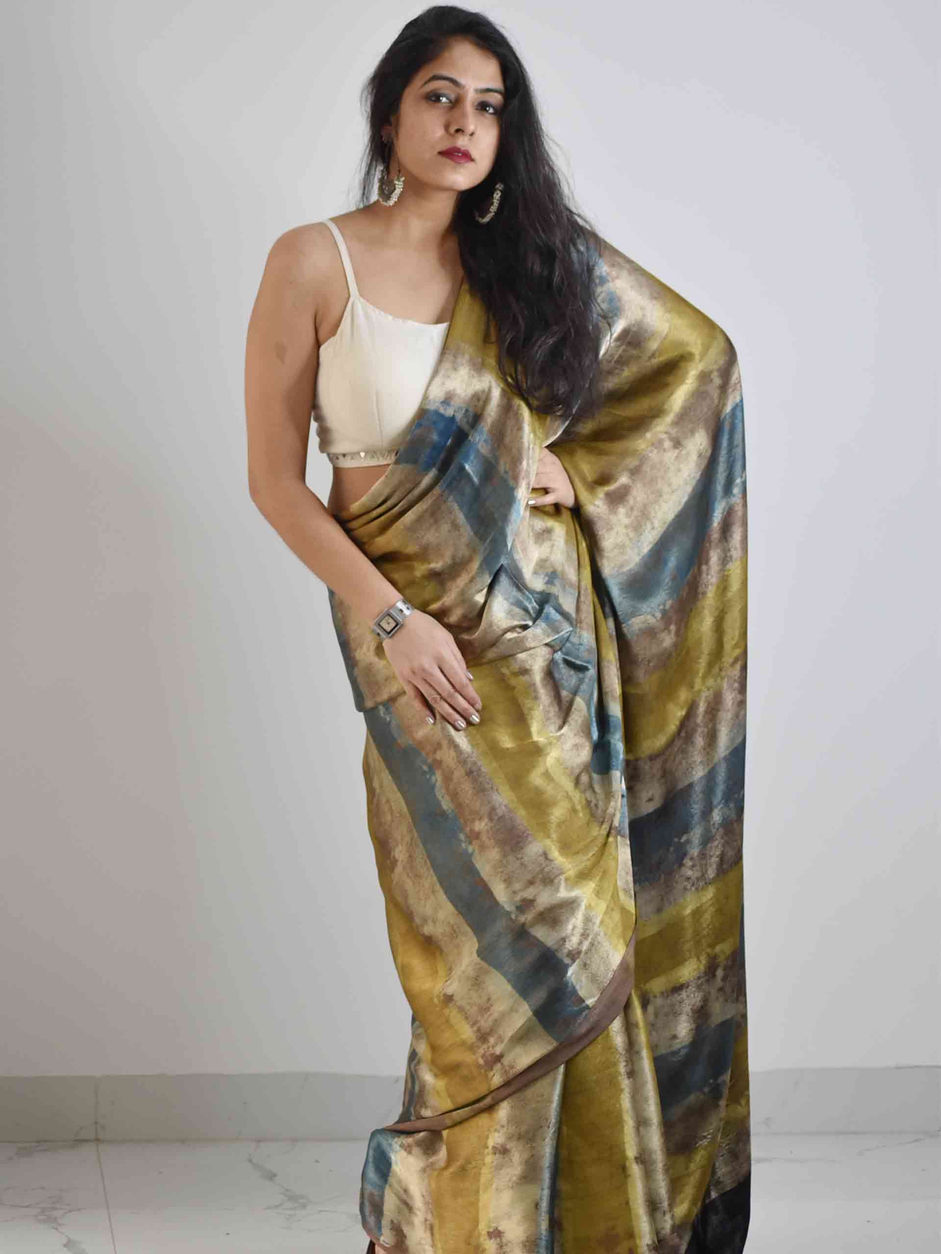 Brown Yellow Blue Ajrakh Mashru Silk Saree