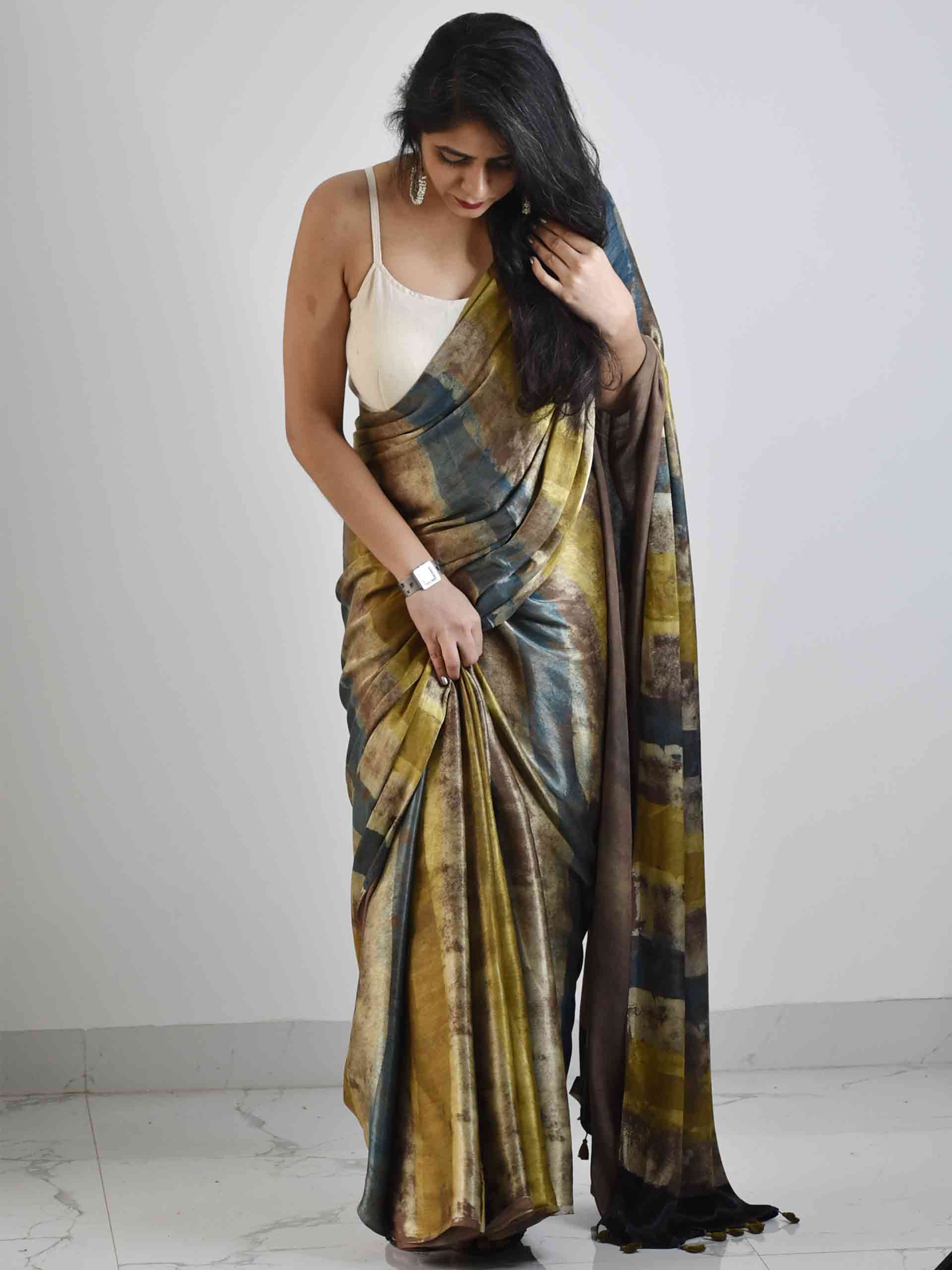 Brown Yellow Blue Ajrakh Mashru Silk Saree